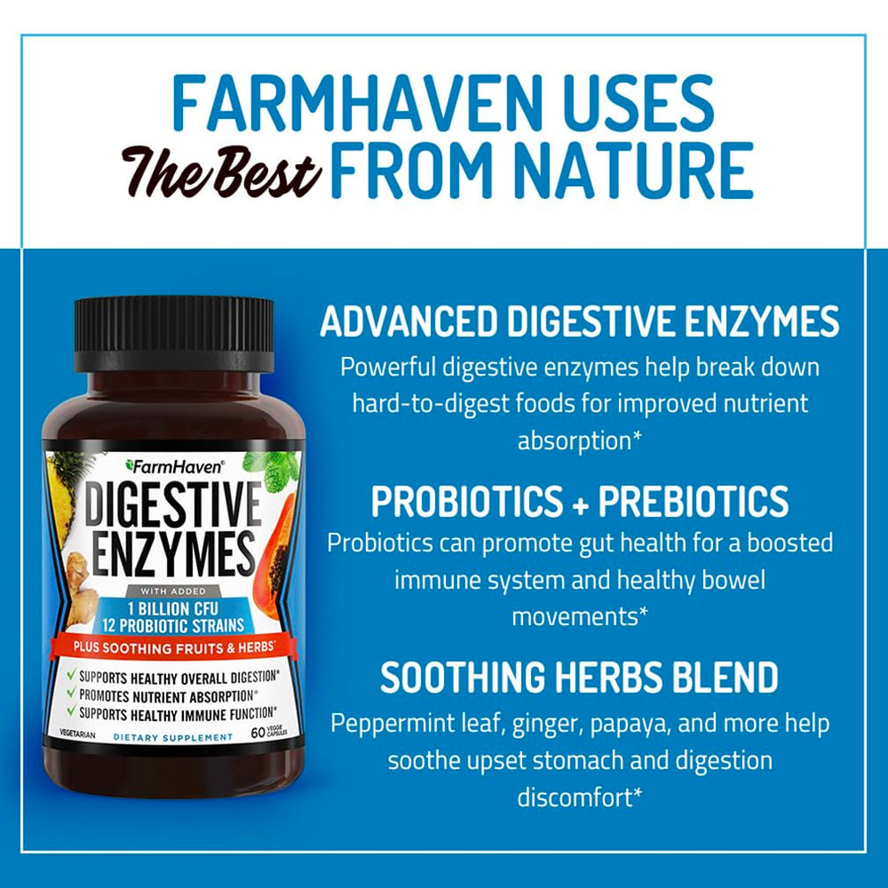 FarmHaven Digestive Enzymes ingredients list photo highlighting enzyme, probiotic, and herb benefits