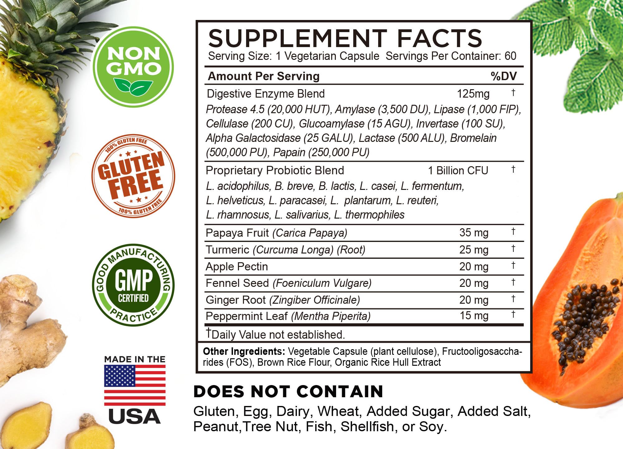 FarmHaven Digestive Enzymes non-GMO label image implying gluten-free and allergen-conscious formulation