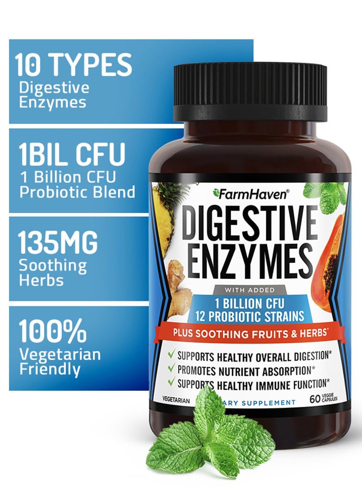 FarmHaven Digestive Enzymes probiotic blend image showcasing 12 strains for GI balance