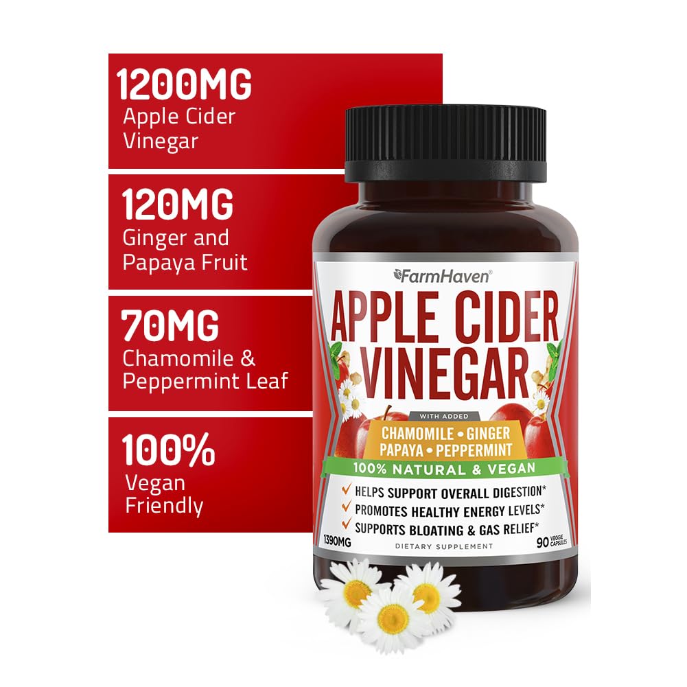 FarmHaven ACV capsules with ginger, papaya and chamomile blend for gentle digestion.