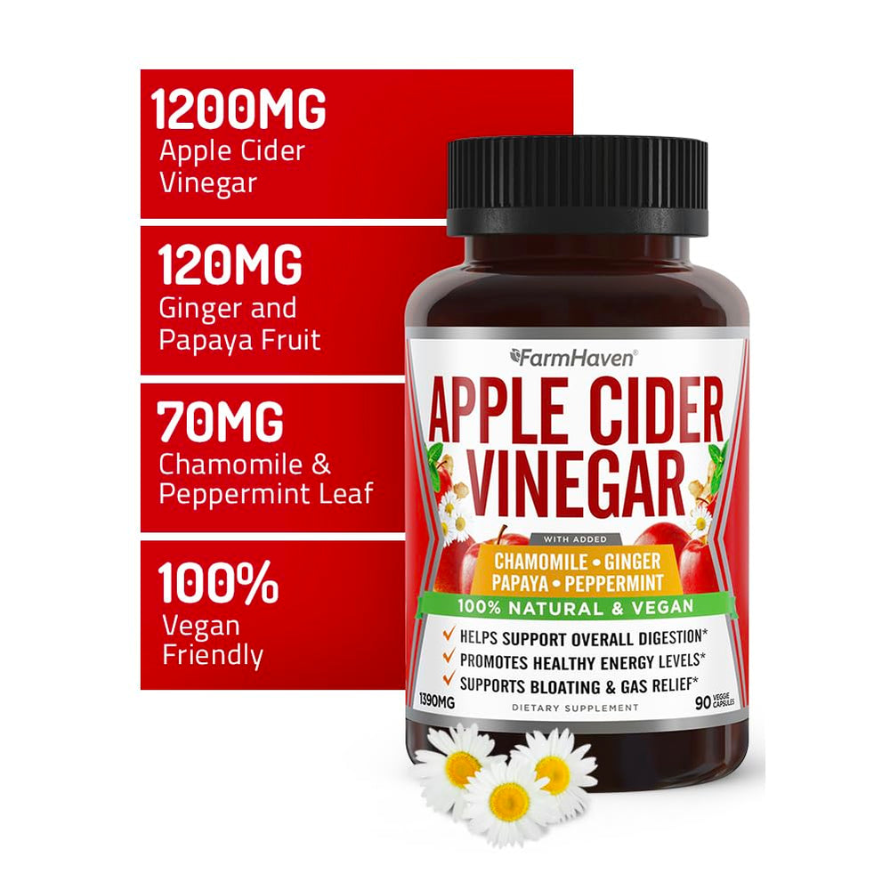 FarmHaven ACV capsules with ginger, papaya and chamomile blend for gentle digestion.
