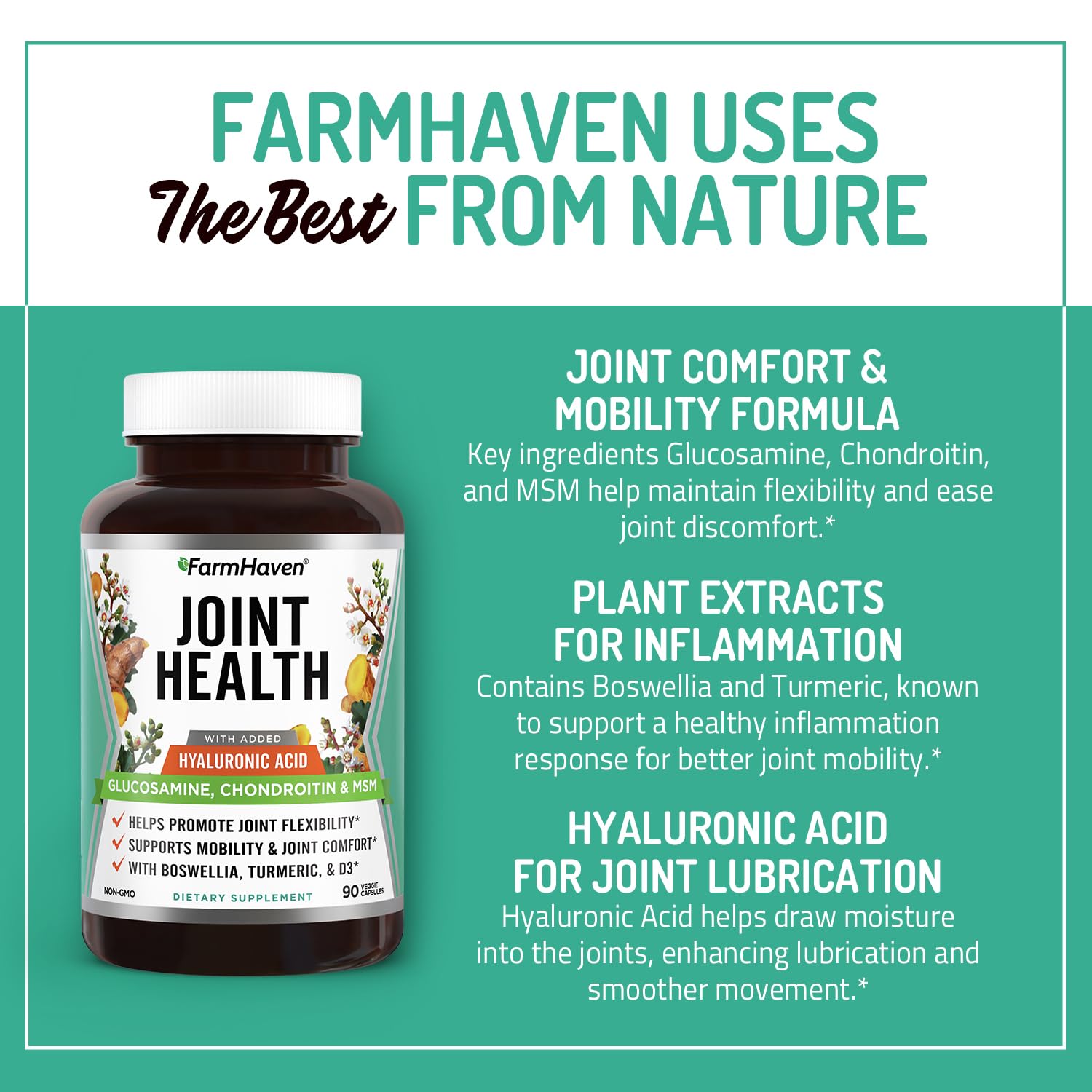 FarmHaven joint-support capsules closeup illustrates plant-based, gluten-free formula for comfort