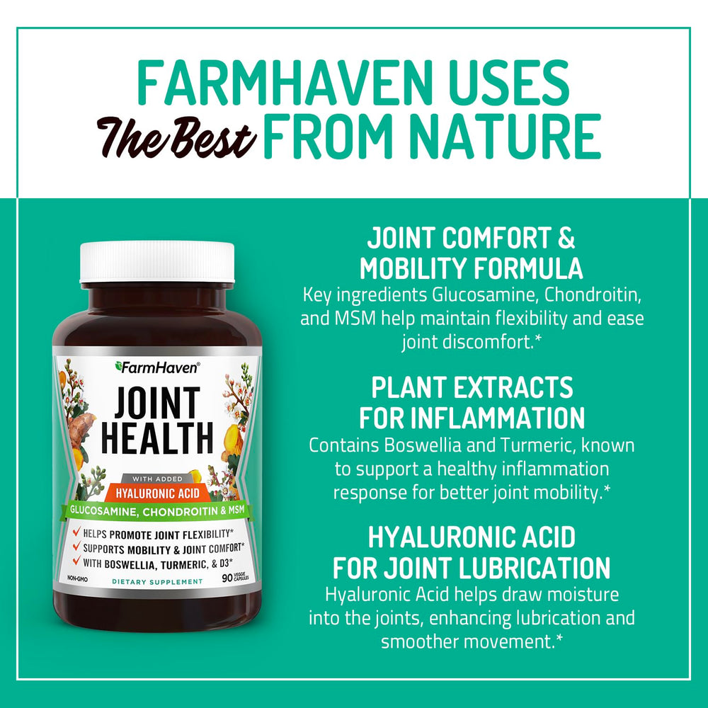 FarmHaven joint-support capsules closeup illustrates plant-based, gluten-free formula for comfort