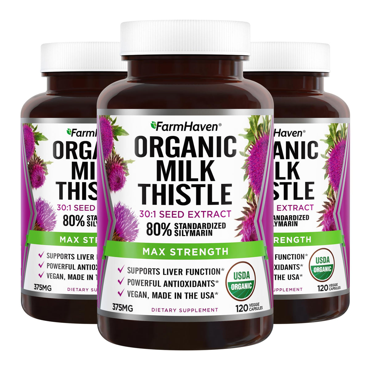 FarmHaven Milk Thistle bottle front showing organic supplement for daily liver support.