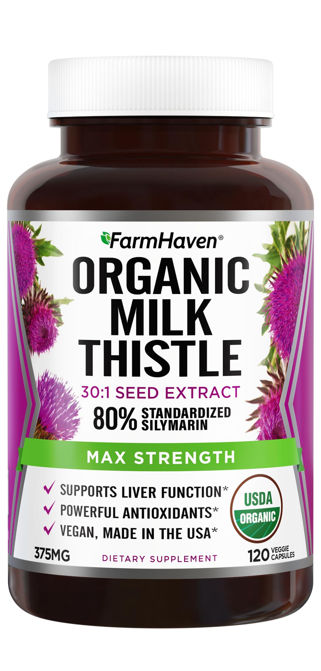 FarmHaven Milk Thistle bottle label highlighting organic, high-silymarin content for daily health