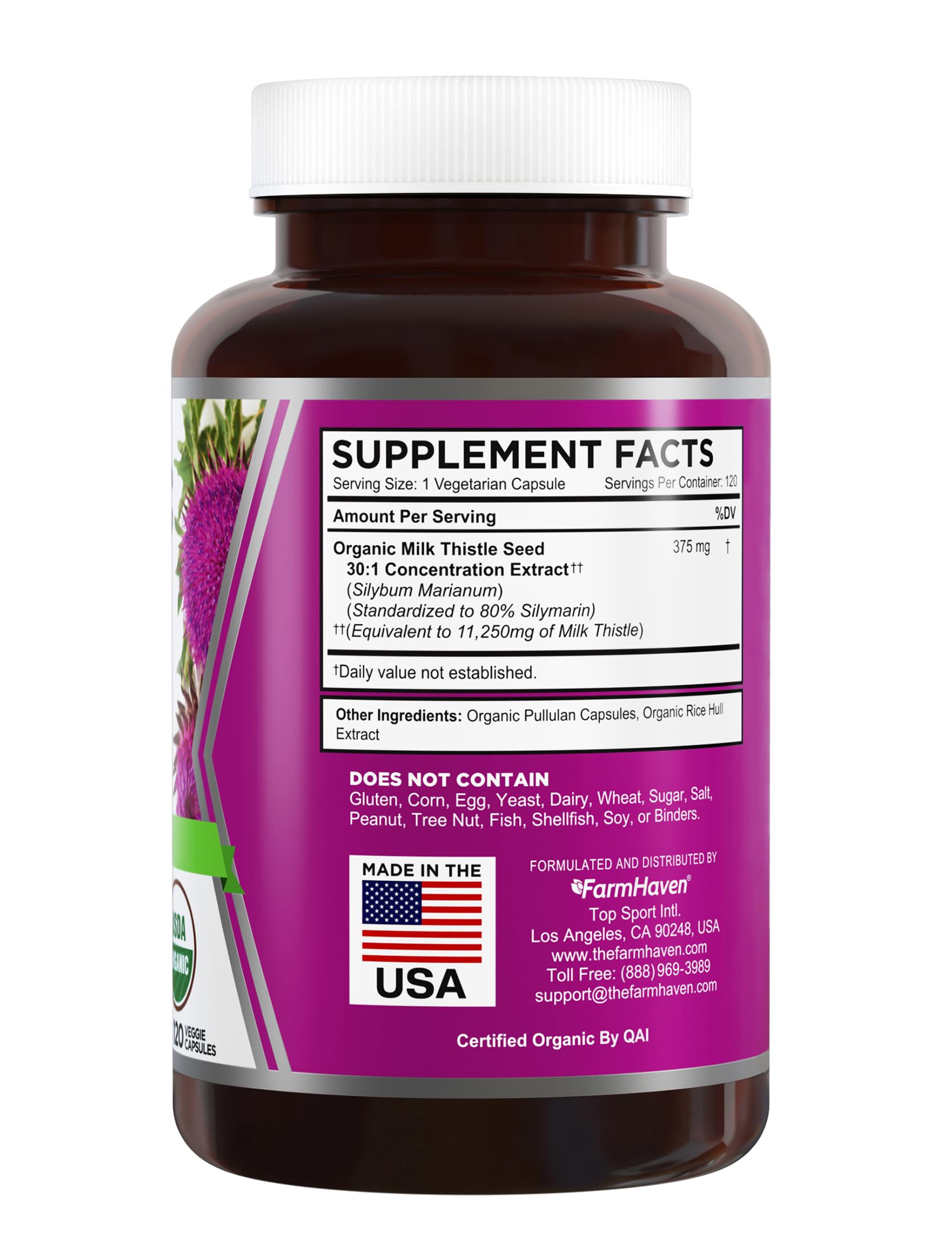 FarmHaven Milk Thistle bottle label highlighting 80% silymarin content for liver-friendly support.