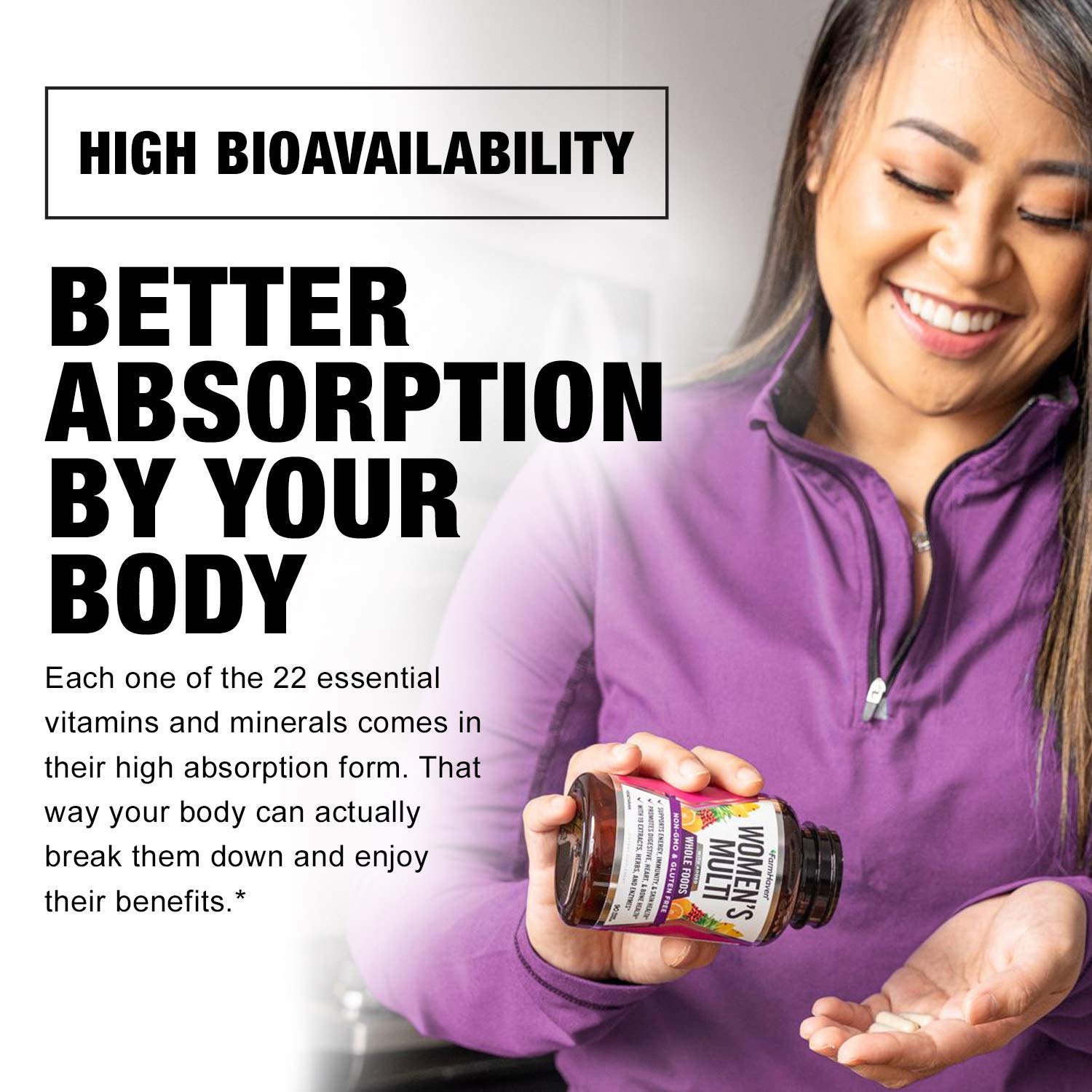 Person holding FarmHaven Women’s Multivitamin bottle during daily routine