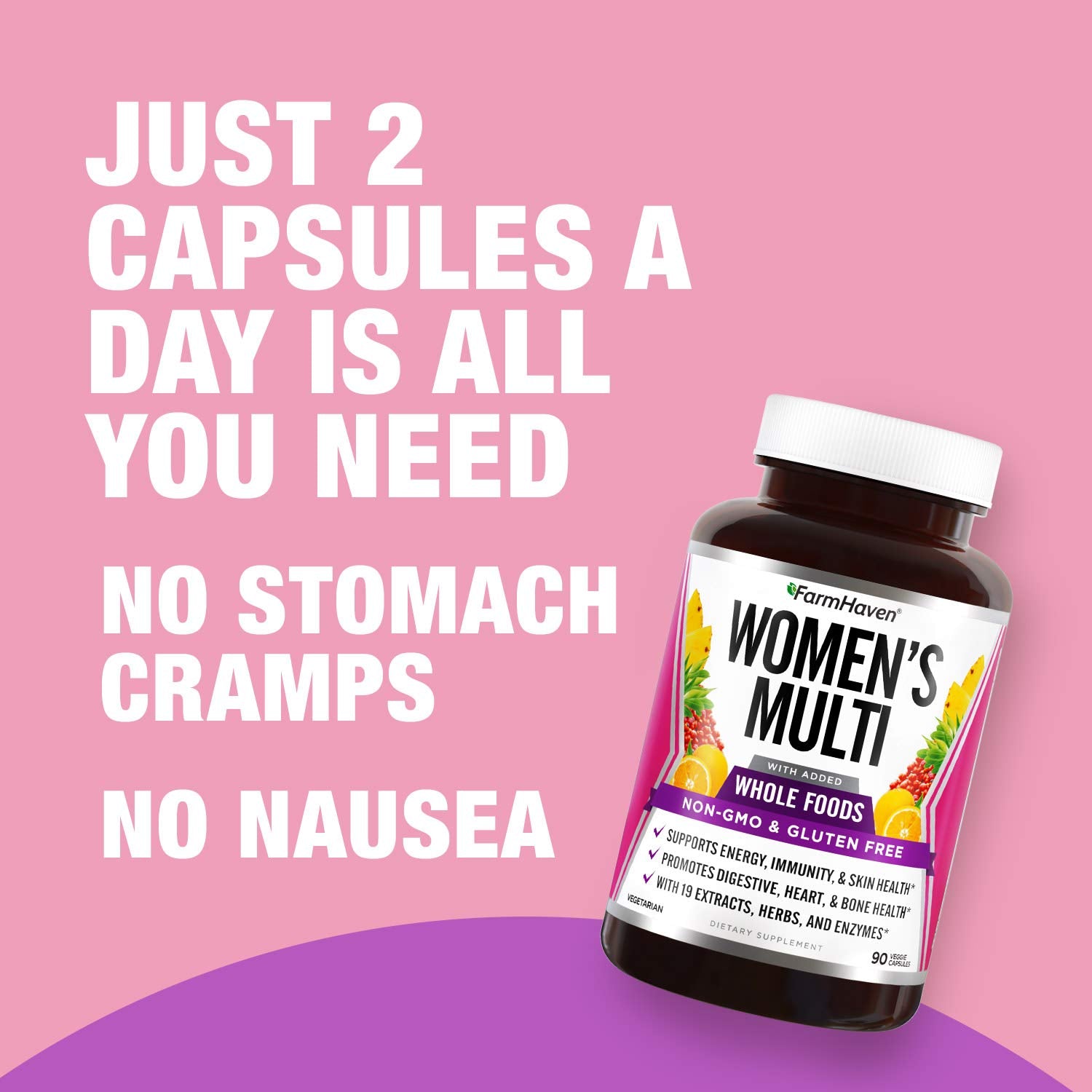 Packaging notes for FarmHaven Women’s Multivitamin: non-GMO, gluten-free, vegetarian