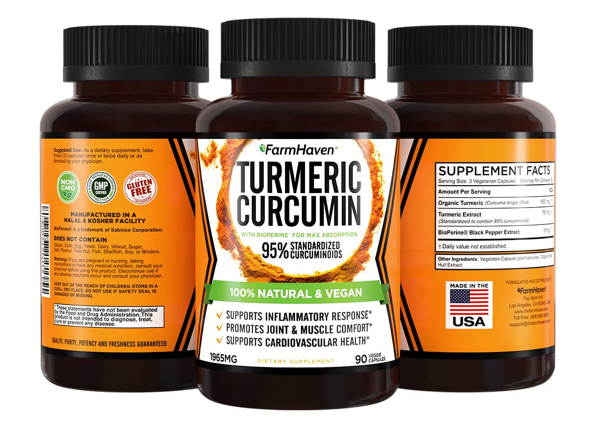 FarmHaven Turmeric Curcumin capsules closeup, vegan and convenient for daily use.