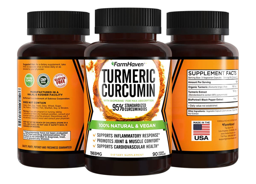 FarmHaven Turmeric Curcumin capsules closeup, vegan and convenient for daily use.