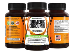 FarmHaven Turmeric Curcumin capsules closeup, vegan and convenient for daily use.
