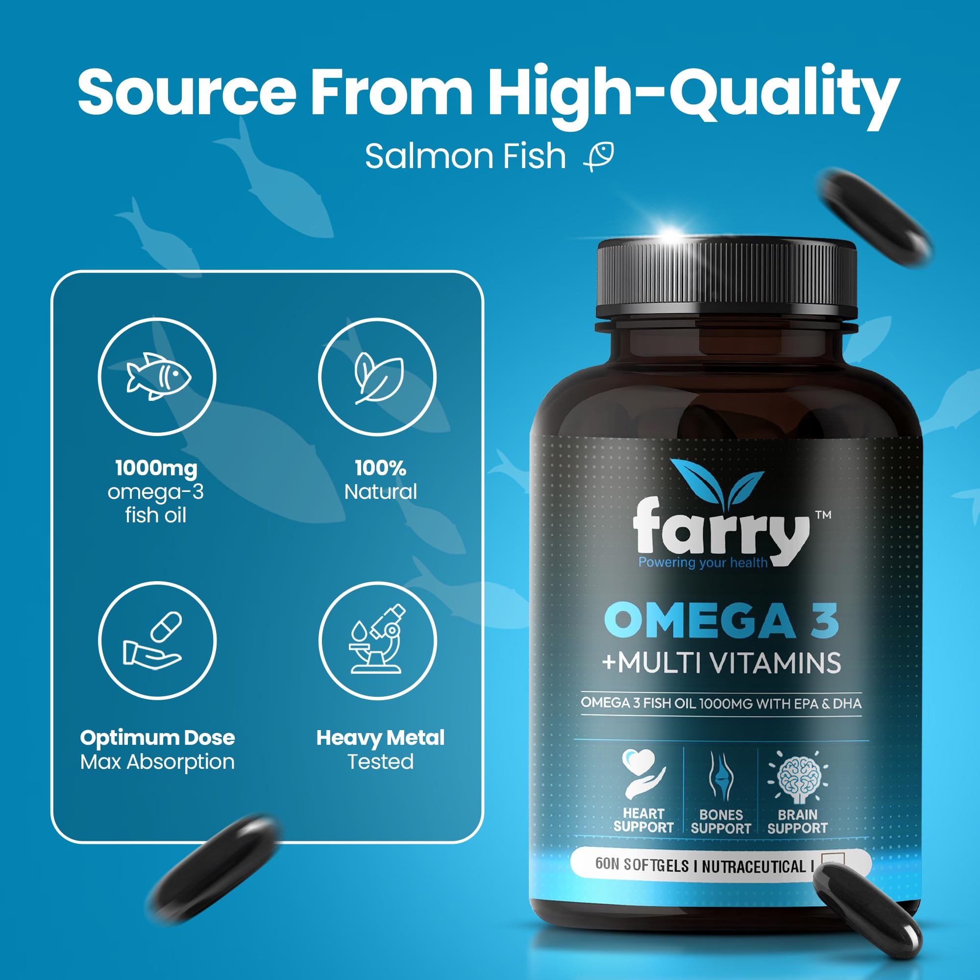 Farry Omega3 bottle on table with multivitamin blend for daily nutrition