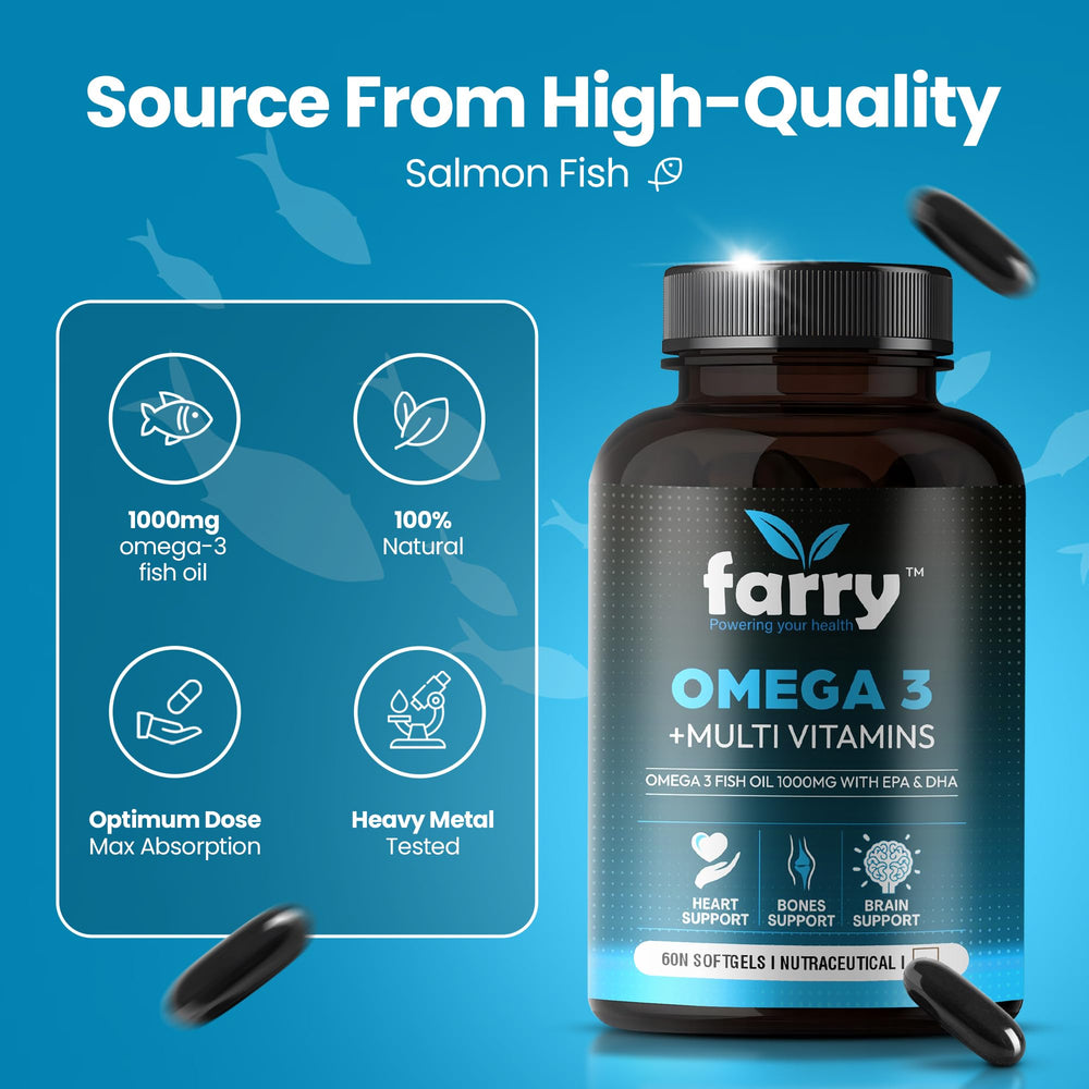 Farry Omega3 bottle on table with multivitamin blend for daily nutrition