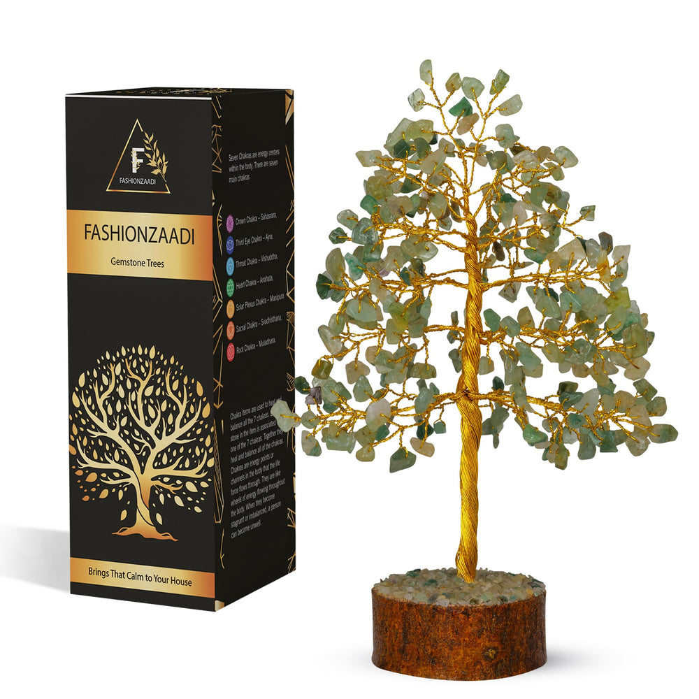 FASHIONZAADI Green Jade Crystal Tree of Life on a desk for focus and good fortune.