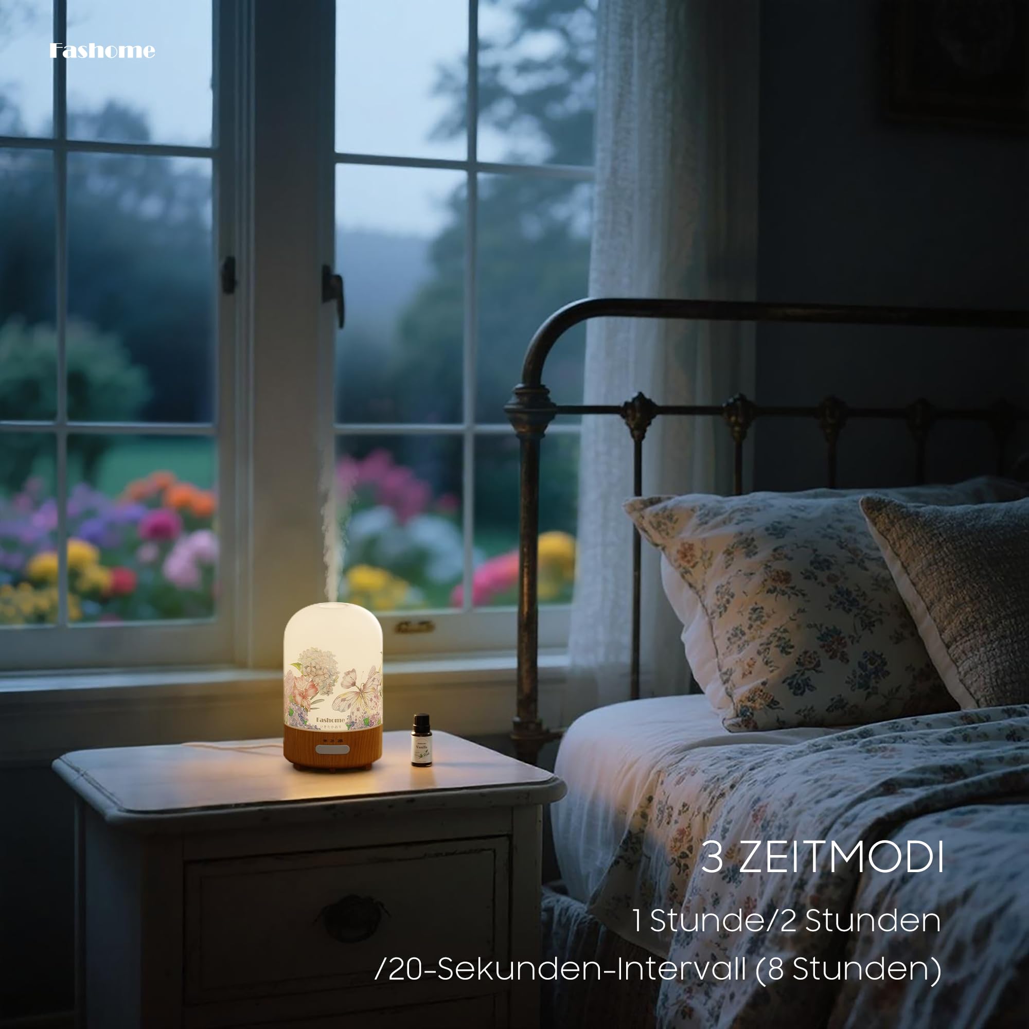 Diffuser shows three mist levels and timer options for customization
