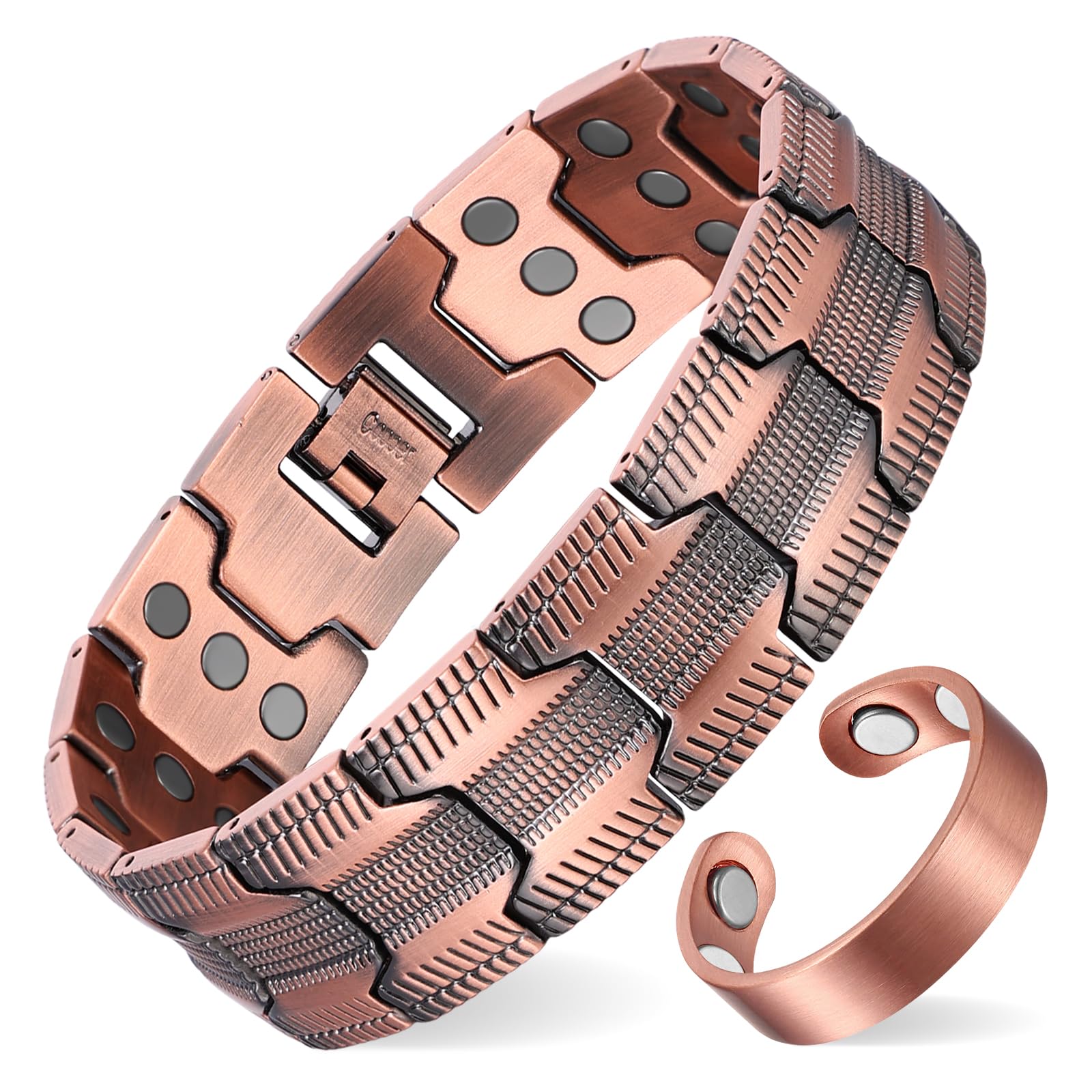 Fashtour 3X copper bracelet close-up shows armor-inspired links and strong magnets.
