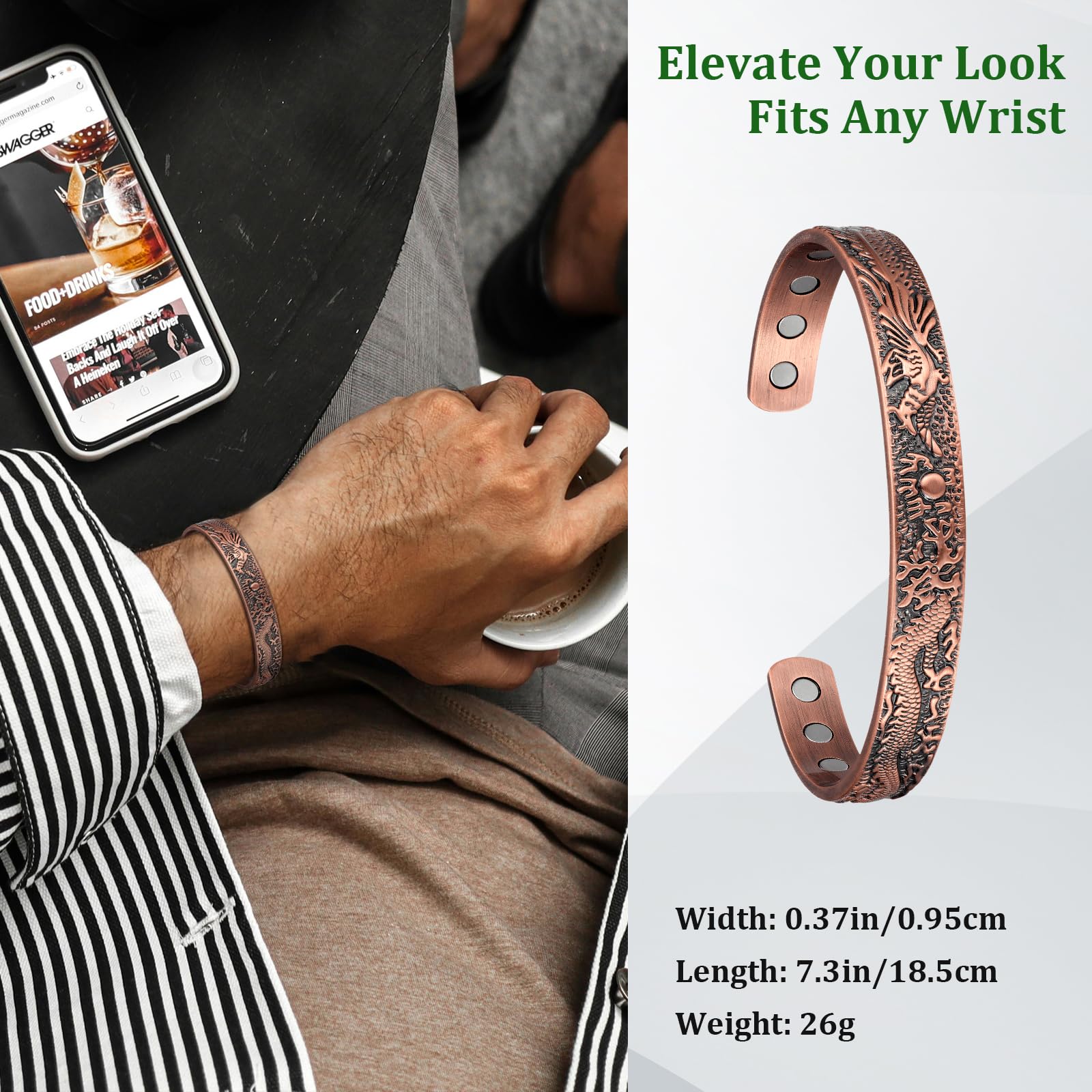 Fashtour copper bracelet with open closure for easy size adjustment
