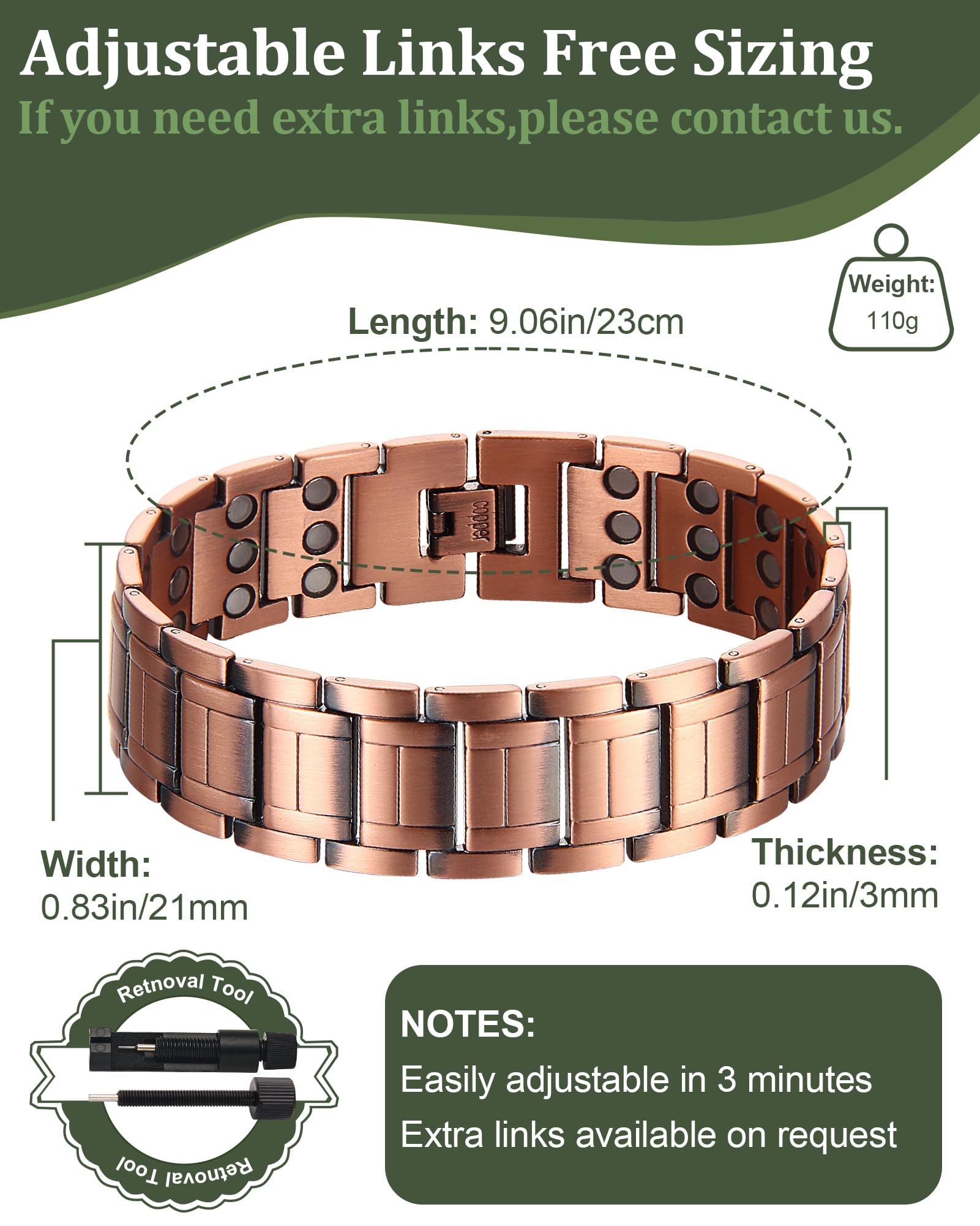 Fashtour copper bracelet closeup of 3800 Gauss magnets