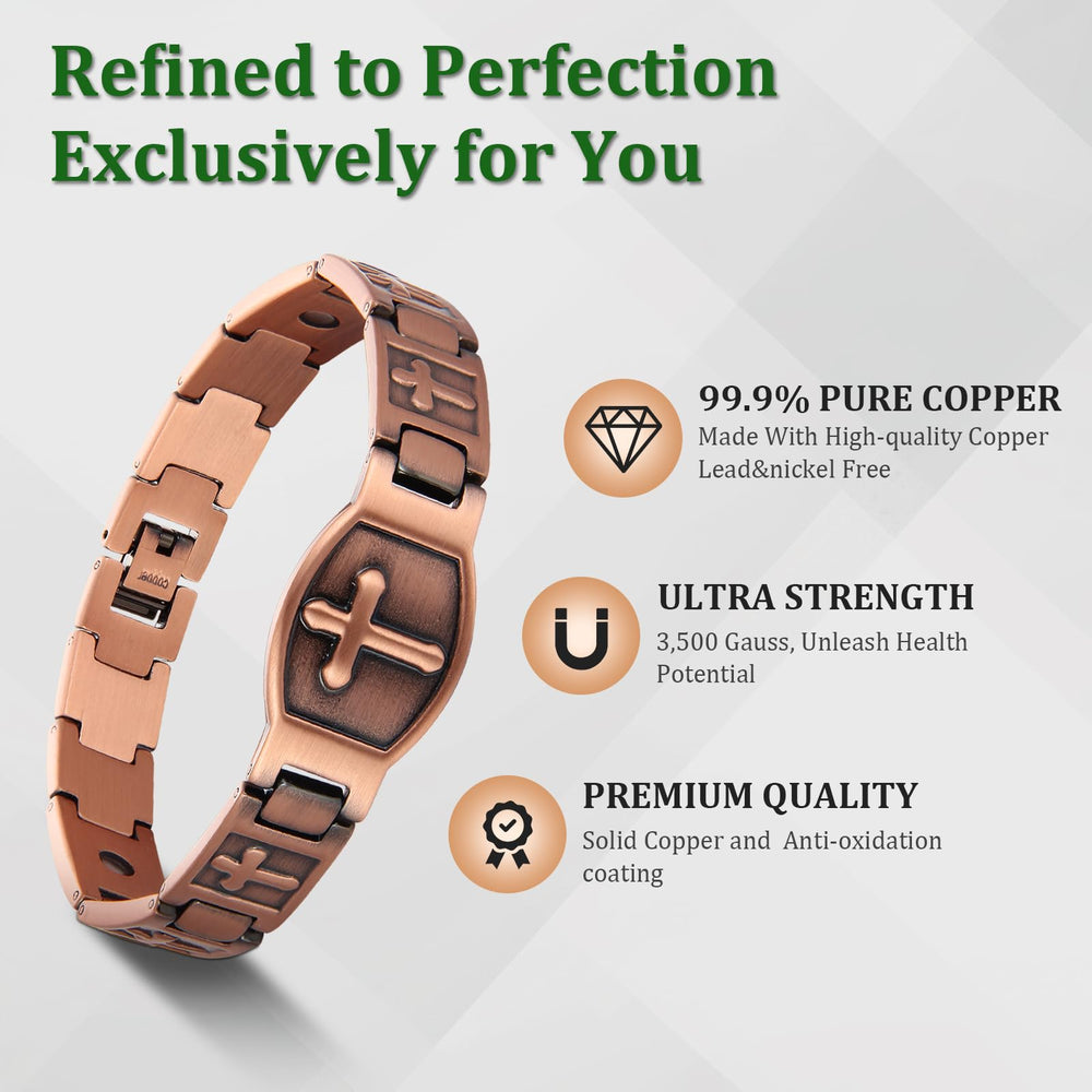 Fashtour copper bracelet close-up with magnets, potential support for balance and well-being.