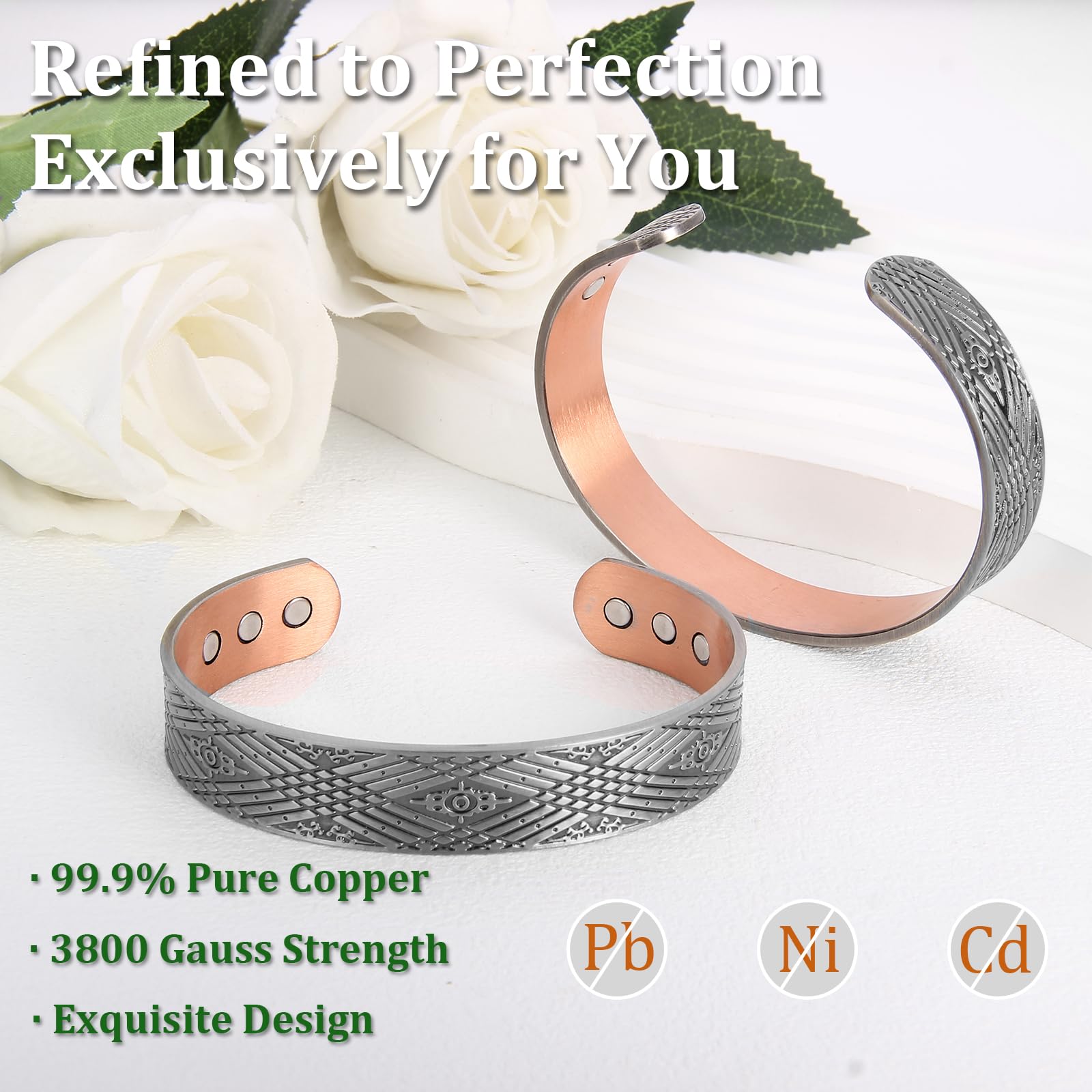 Fashtour copper bracelet on wrist demonstrates adjustable fit for most sizes.