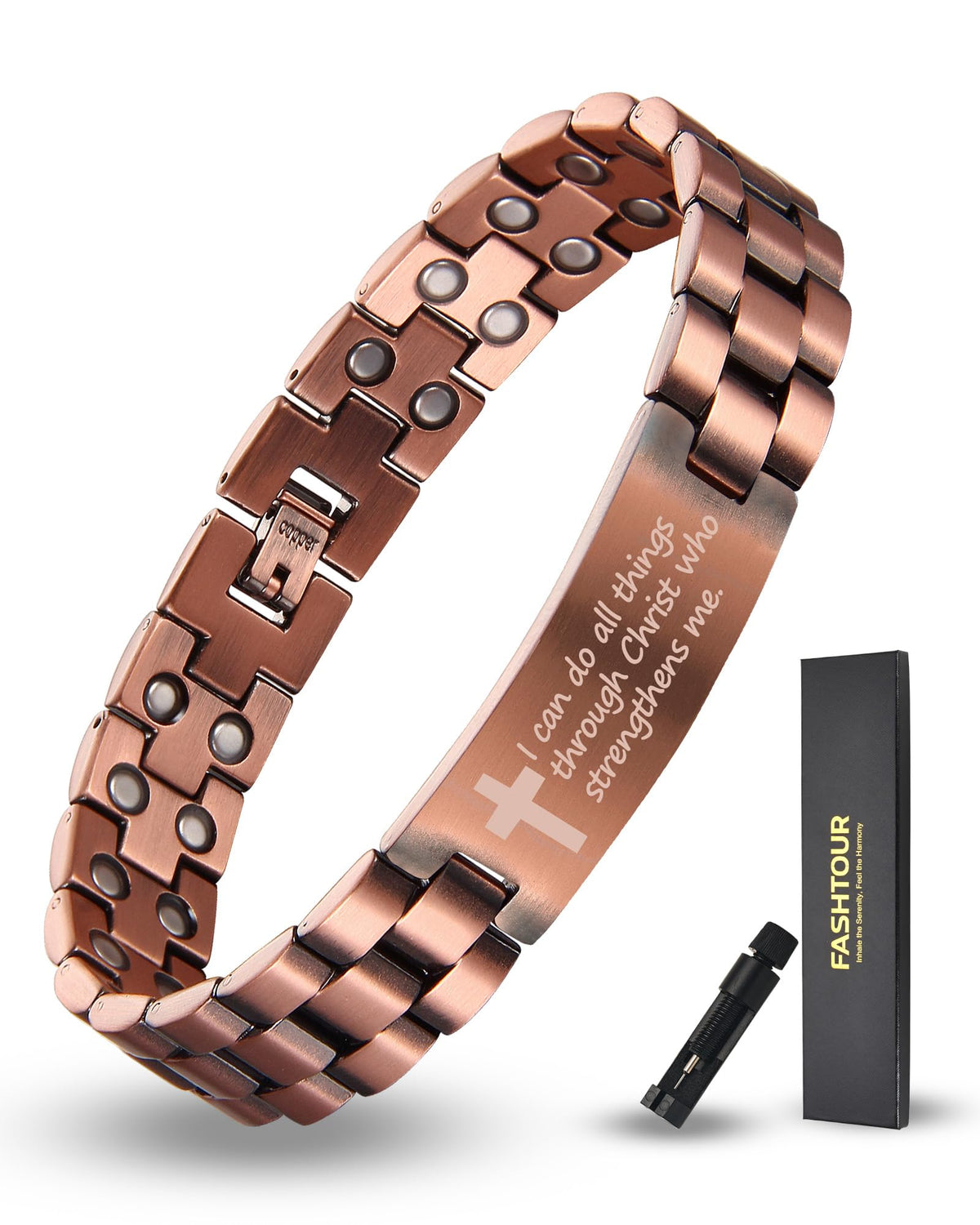 Fashtour copper magnetic cross bracelet closeup shows a polished finish for daily wear