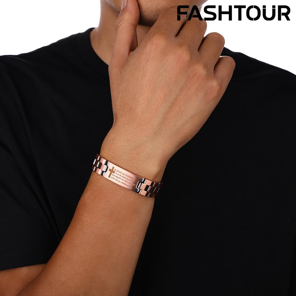 Fashtour engraved cross and Joshua 1:9 quote on copper bracelet