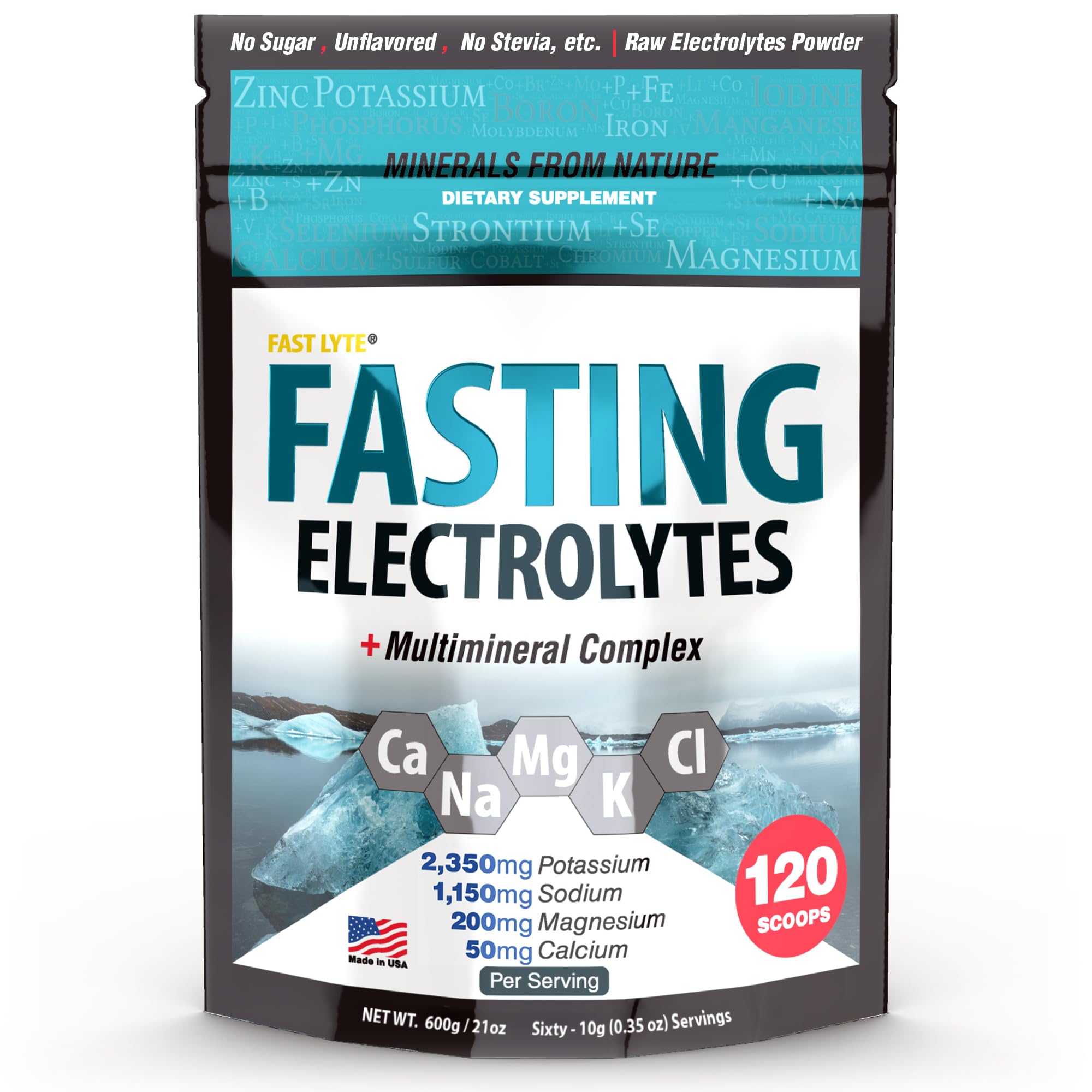 FAST LYTE bottle with label showing unflavored electrolyte powder for fasting.