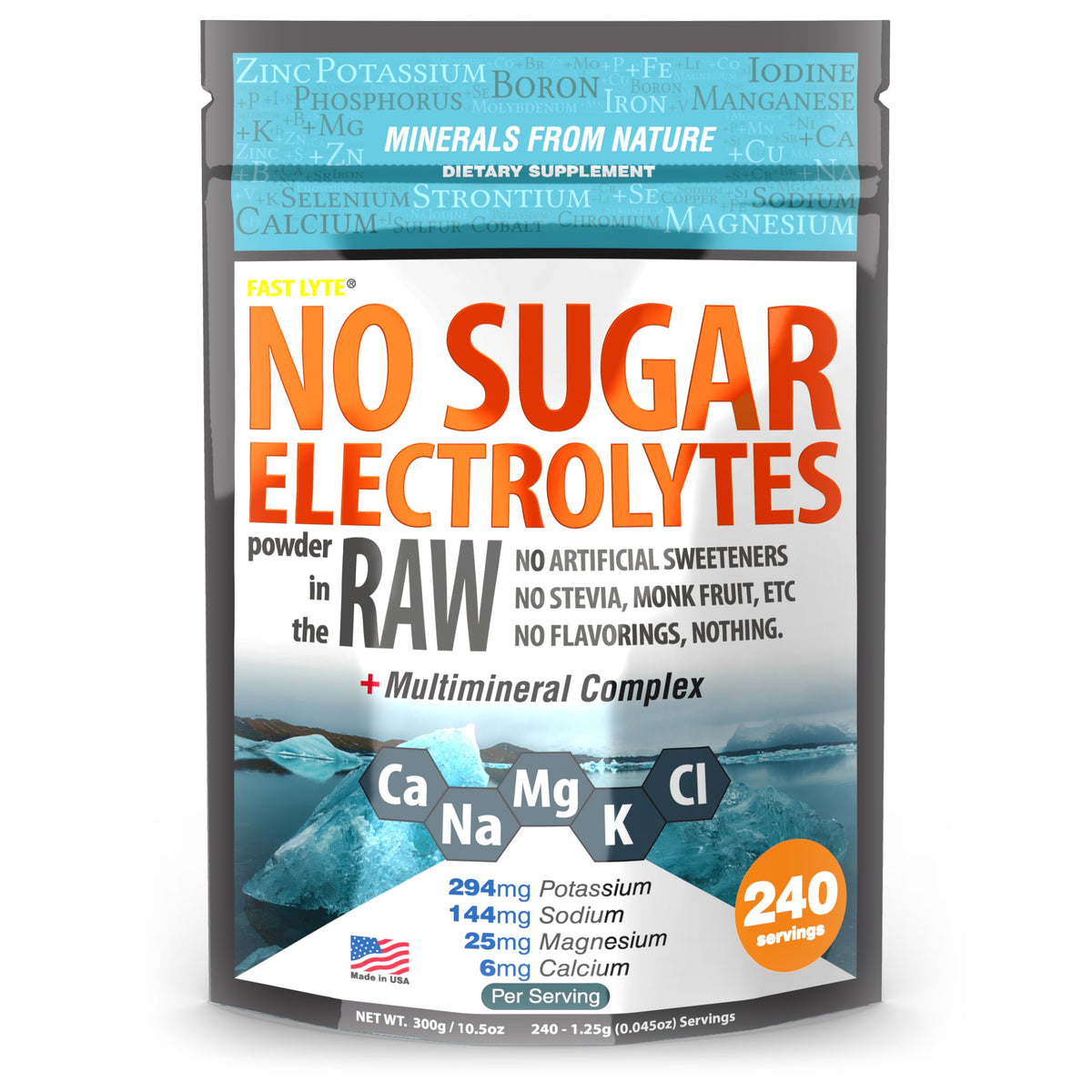 FAST LYTE No Sugar Electrolytes Powder tub close-up, zero-calorie hydration for keto lifestyles.