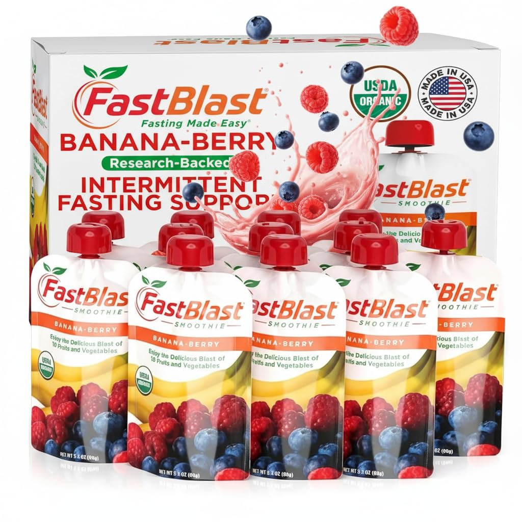 FastBlast banana-berry smoothie pouch for a convenient on-the-go breakfast.