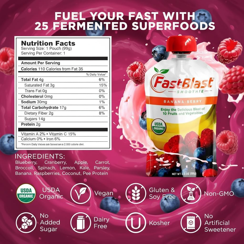FastBlast USDA organic fruit snack in banana-berry, rich in natural nutrients.