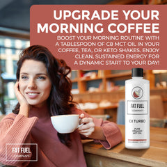 Fat Fuel C8 MCT Oil added to coffee for smooth, sustained focus.