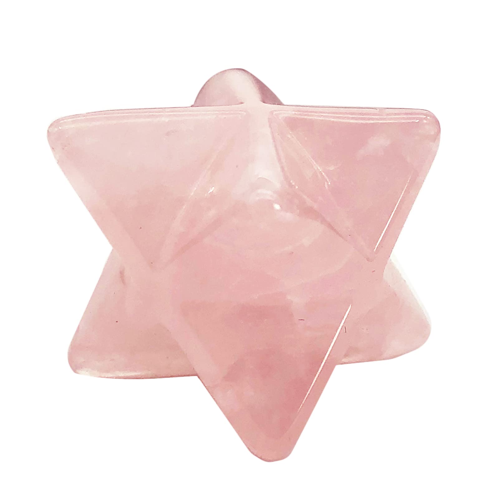 Close-up of Favoramulet rose quartz merkaba star showing smooth polishing and texture.