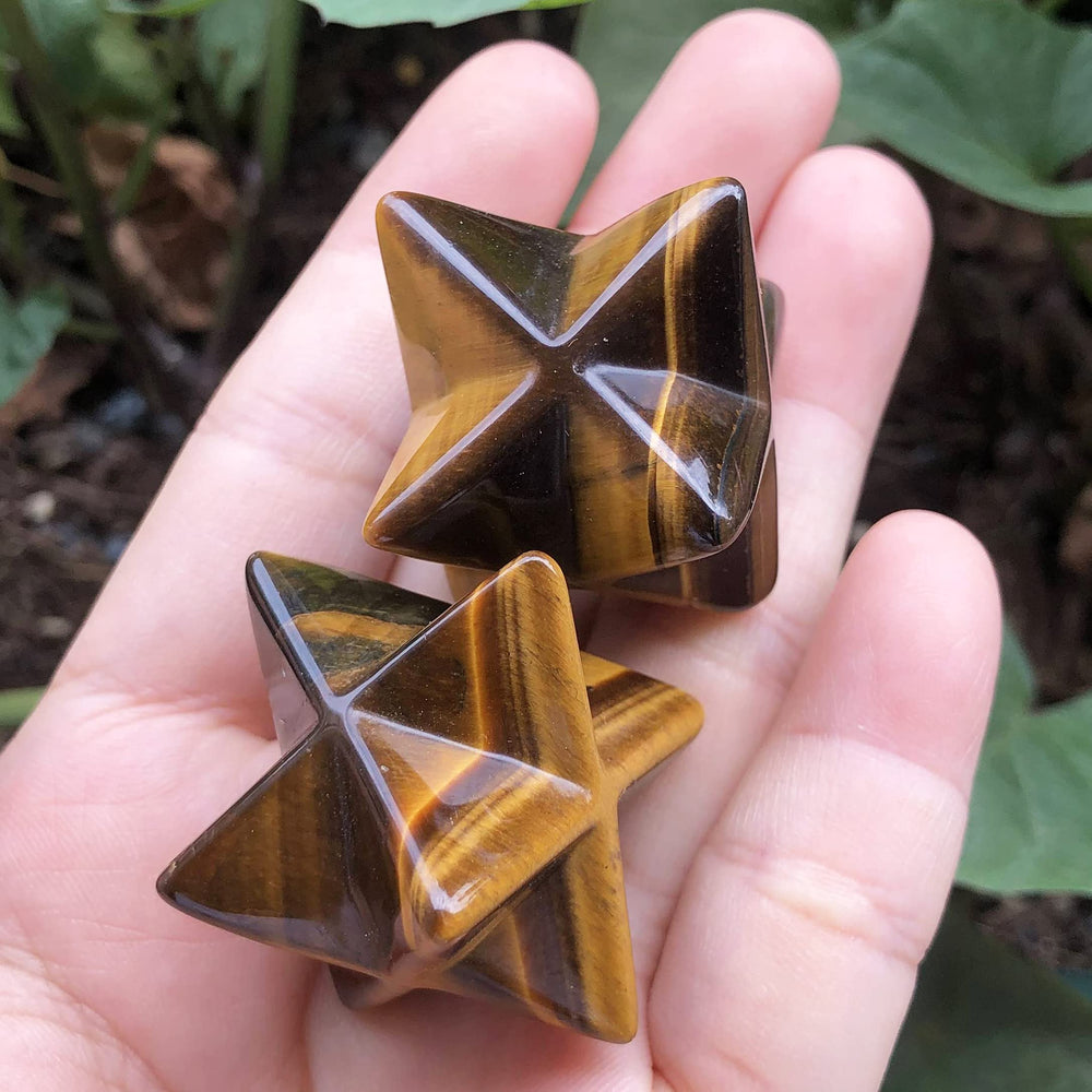 Favoramulet Tiger's Eye Merkaba Star with hand-carved surface inviting mindfulness and focus.