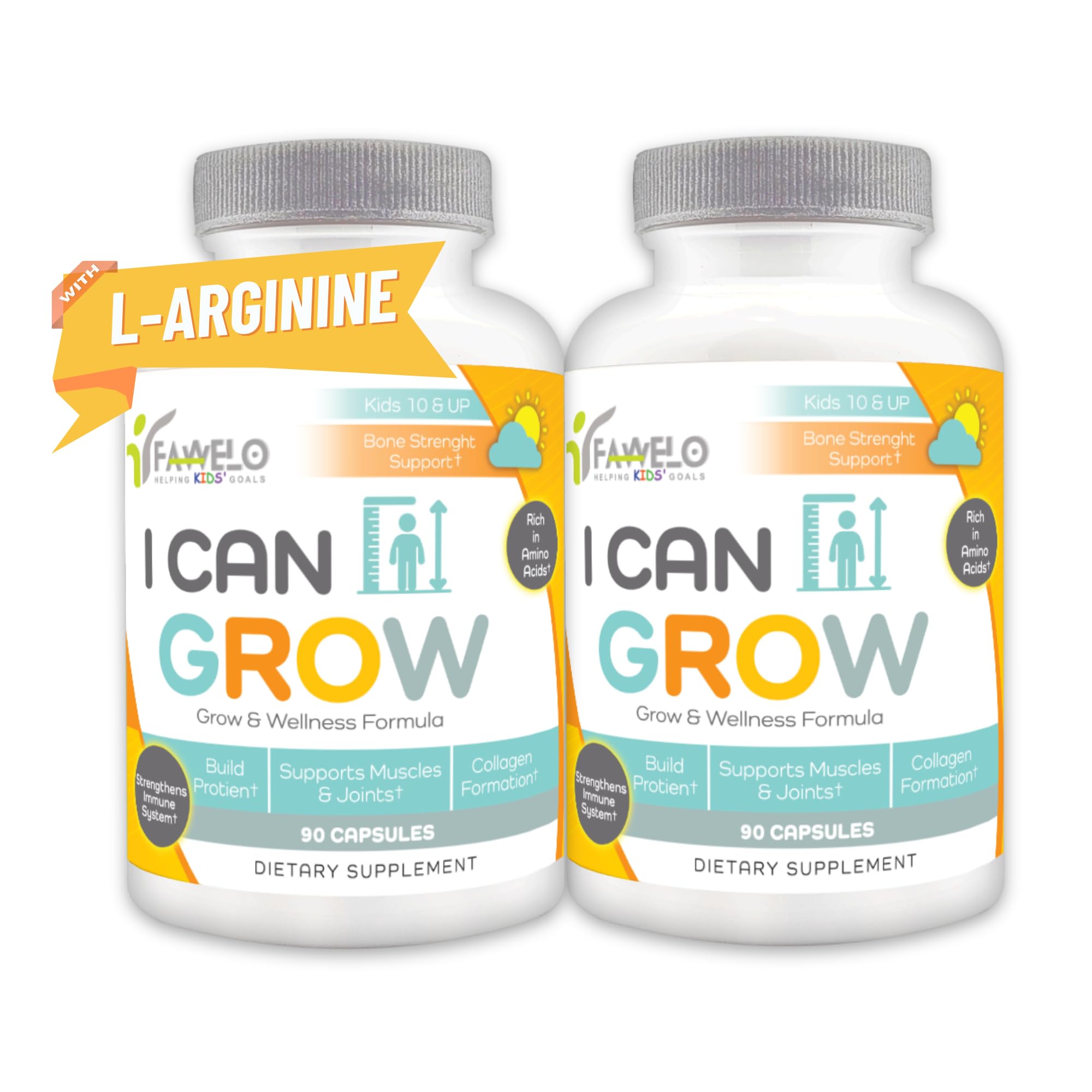 Fawelo I Can Grow capsules close-up with a clear formula for growth support
