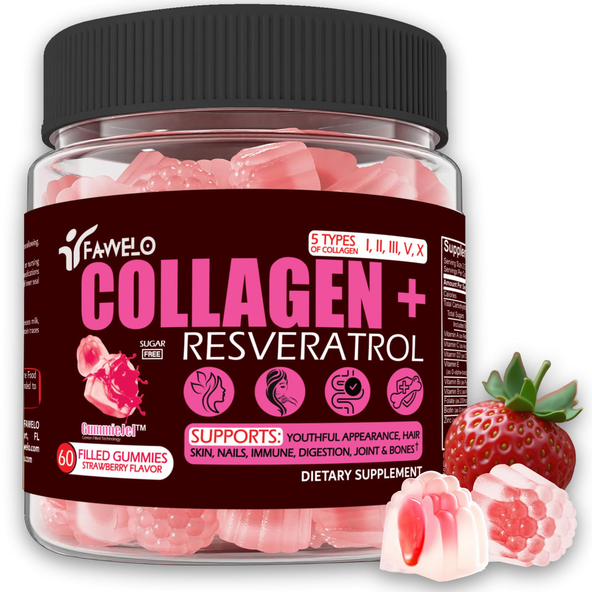 Fawelo Multi Collagen Gummies bottle showing daily beauty support for skin, hair, and nails