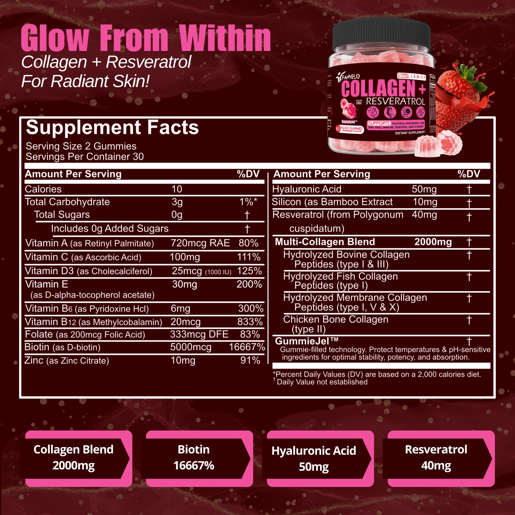 Fawelo product label close-up with hydrolyzed collagen types and key nutrients