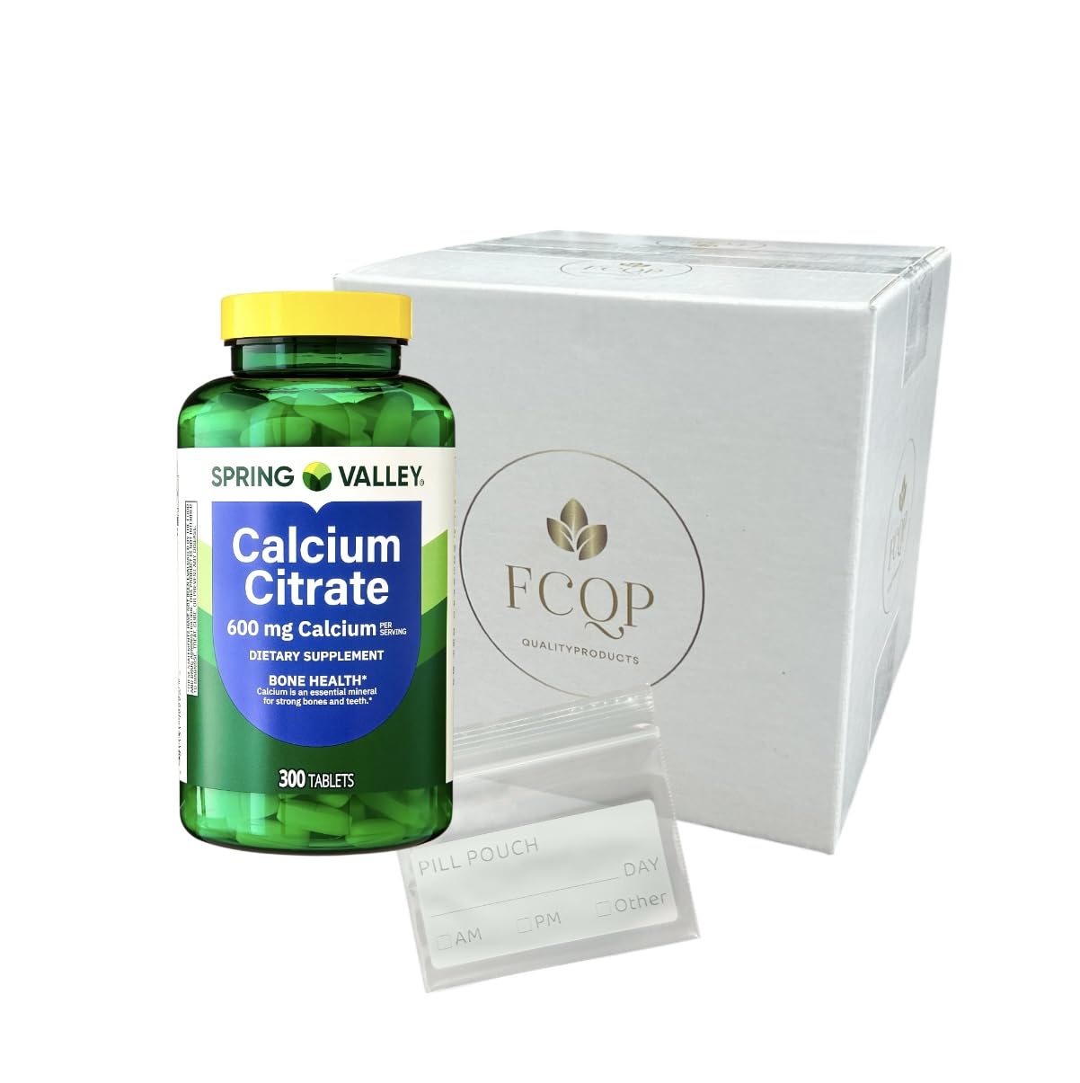 FCQP Spring Valley calcium citrate bottle view with 600 mg tablets