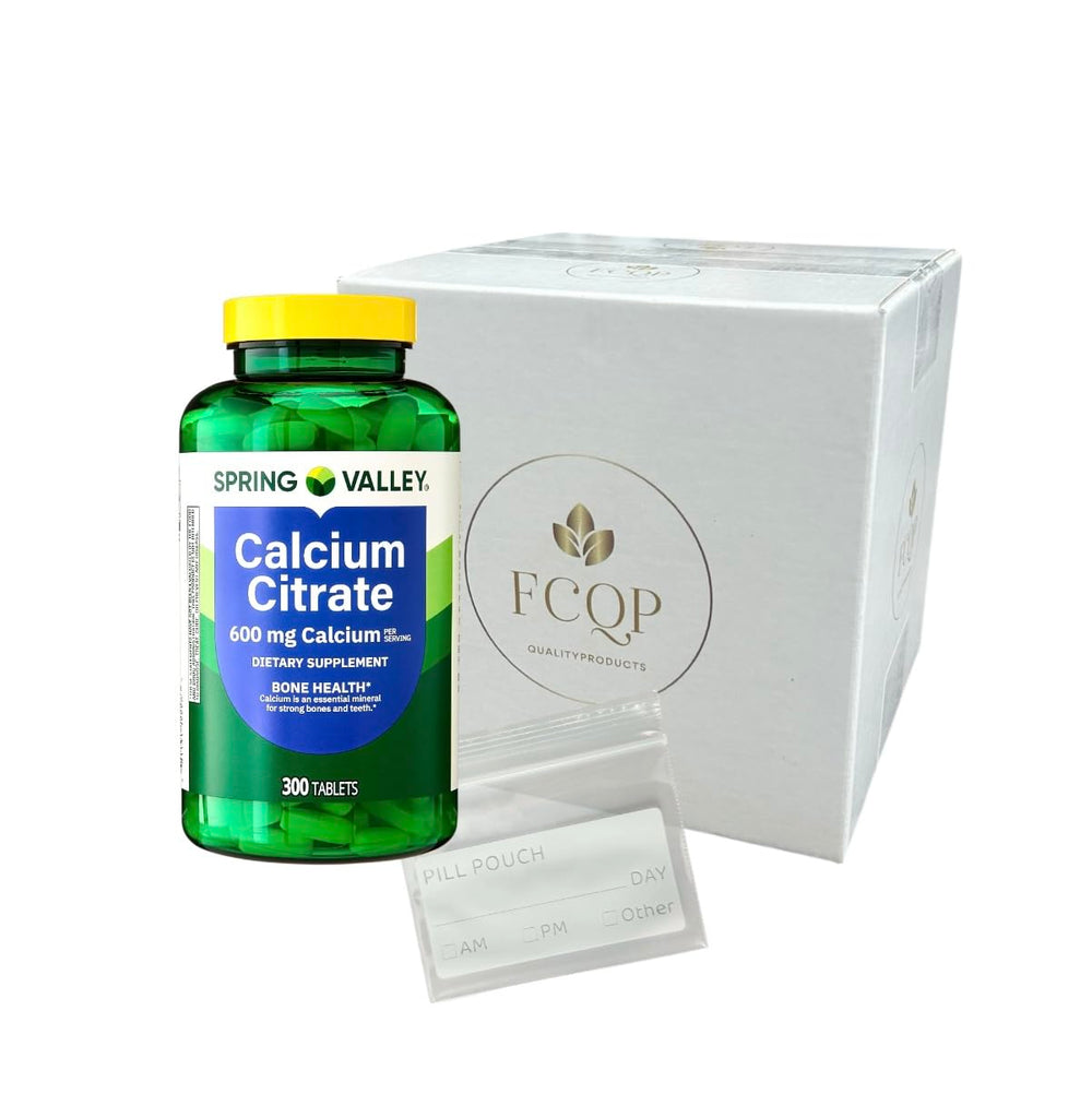 FCQP Spring Valley calcium citrate bottle view with 600 mg tablets