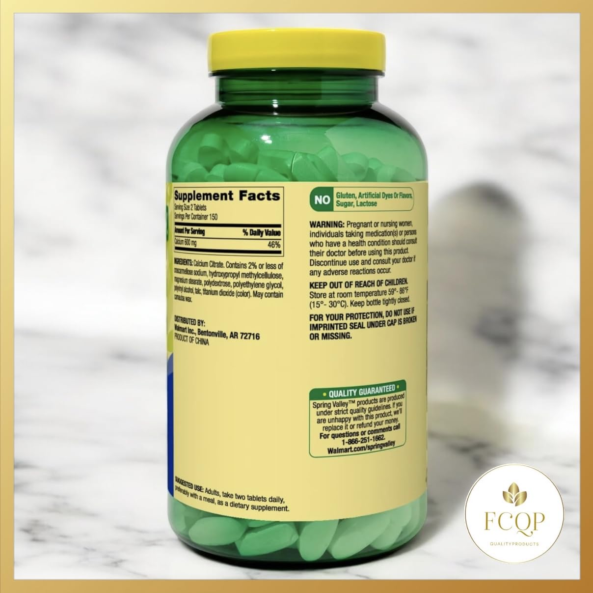 FCQP Spring Valley calcium citrate dosing information label for easy reference