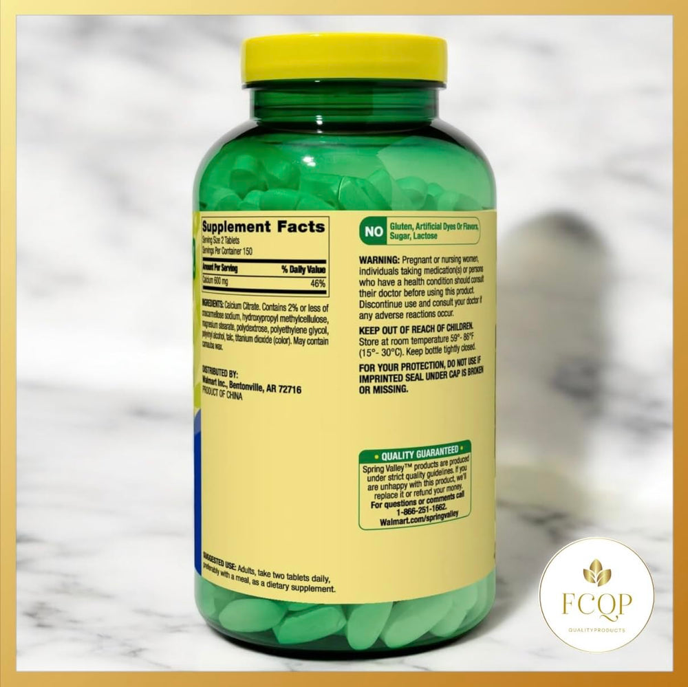 FCQP Spring Valley calcium citrate dosing information label for easy reference