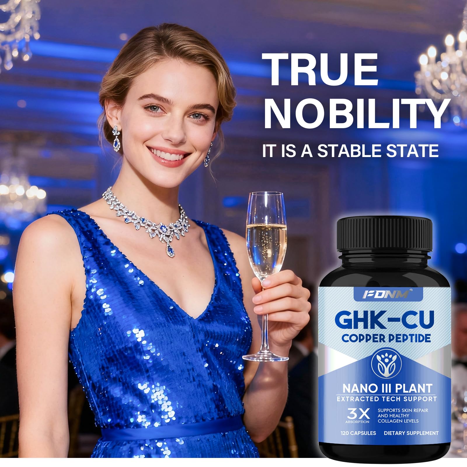 FDNM GHK-Cu capsule closeup emphasizing easy-to-swallow vegan capsules for daily use.