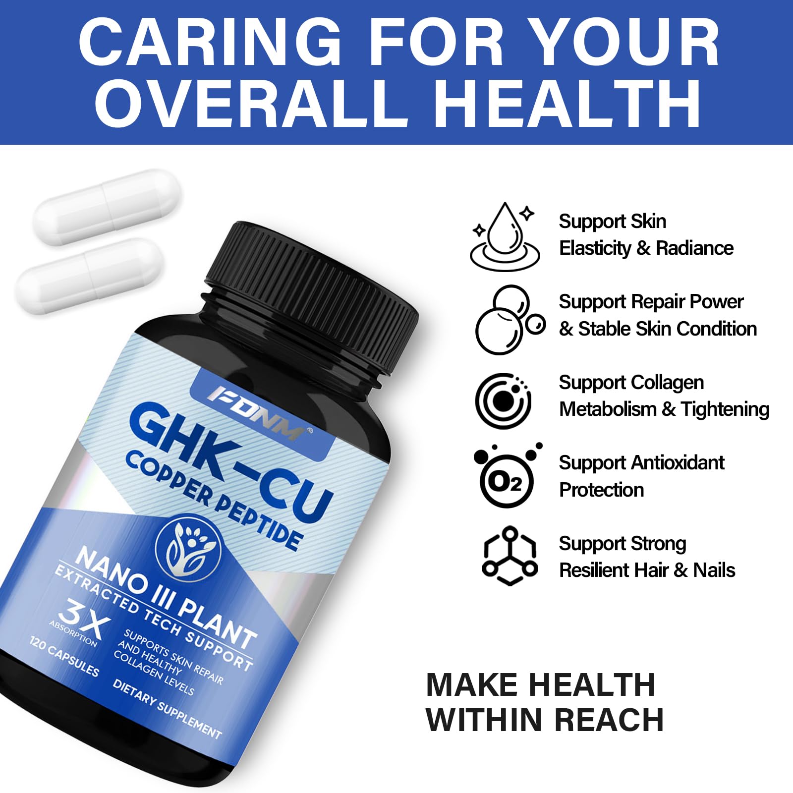 FDNM GHK-Cu vegan capsules closeup highlighting plant-based supplement for skin care.