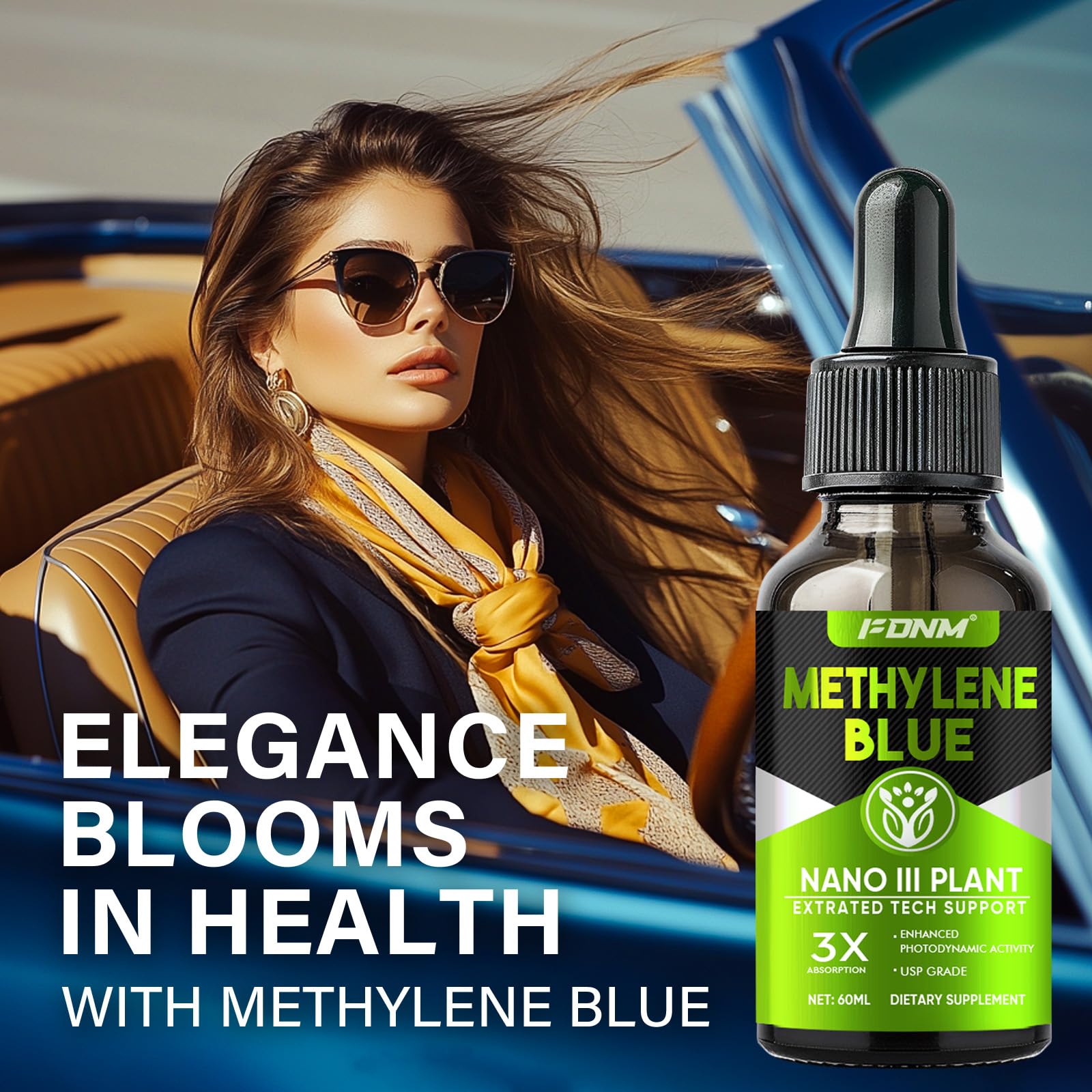 FDNM Methylene Blue Drops glass bottle close-up highlighting high-purity formula.