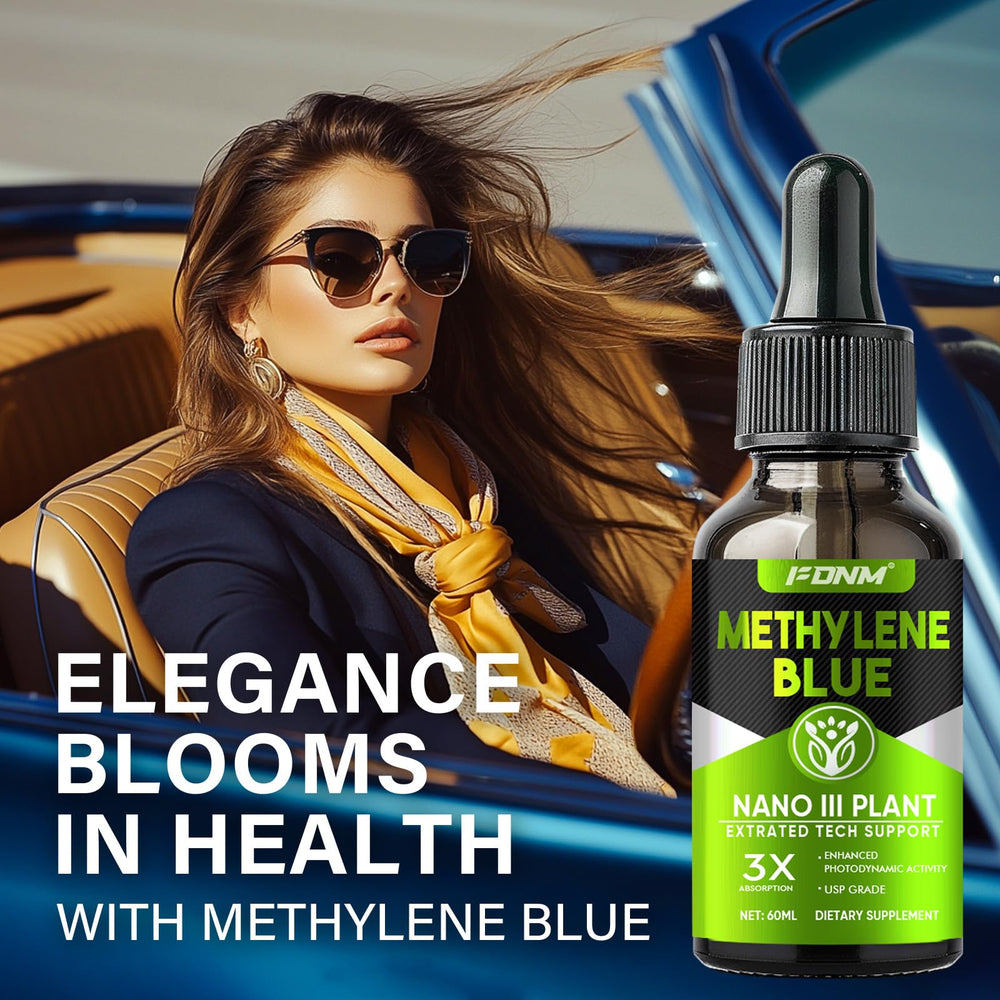 FDNM Methylene Blue Drops glass bottle close-up highlighting high-purity formula.