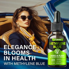 FDNM Methylene Blue Drops glass bottle close-up highlighting high-purity formula.