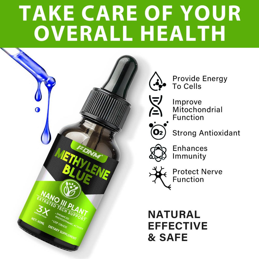 FDNM Methylene Blue Drops packaging box signaling non-GMO ingredients.