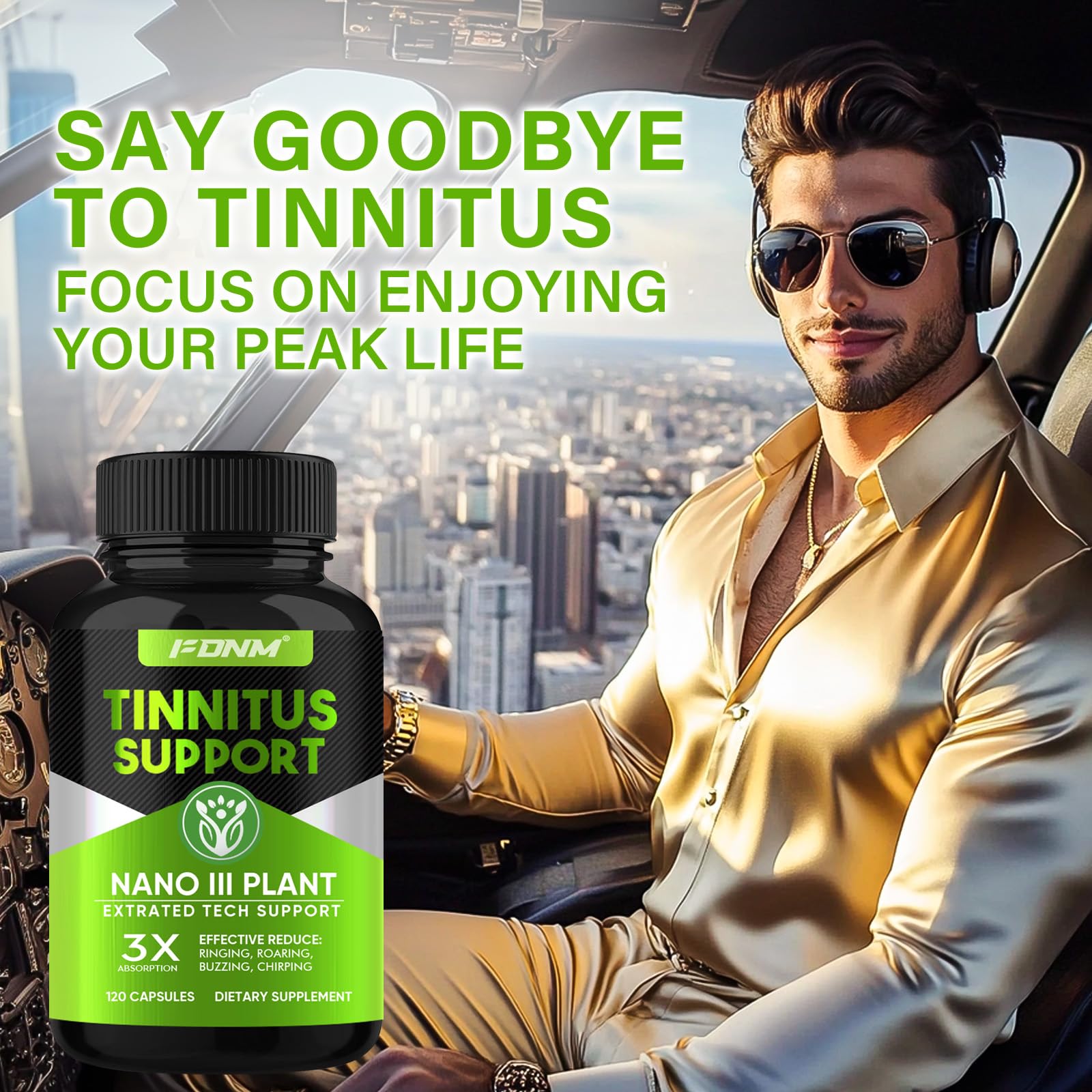 FDNM Tinnitus Relief bottle back with ingredients and usage guidance