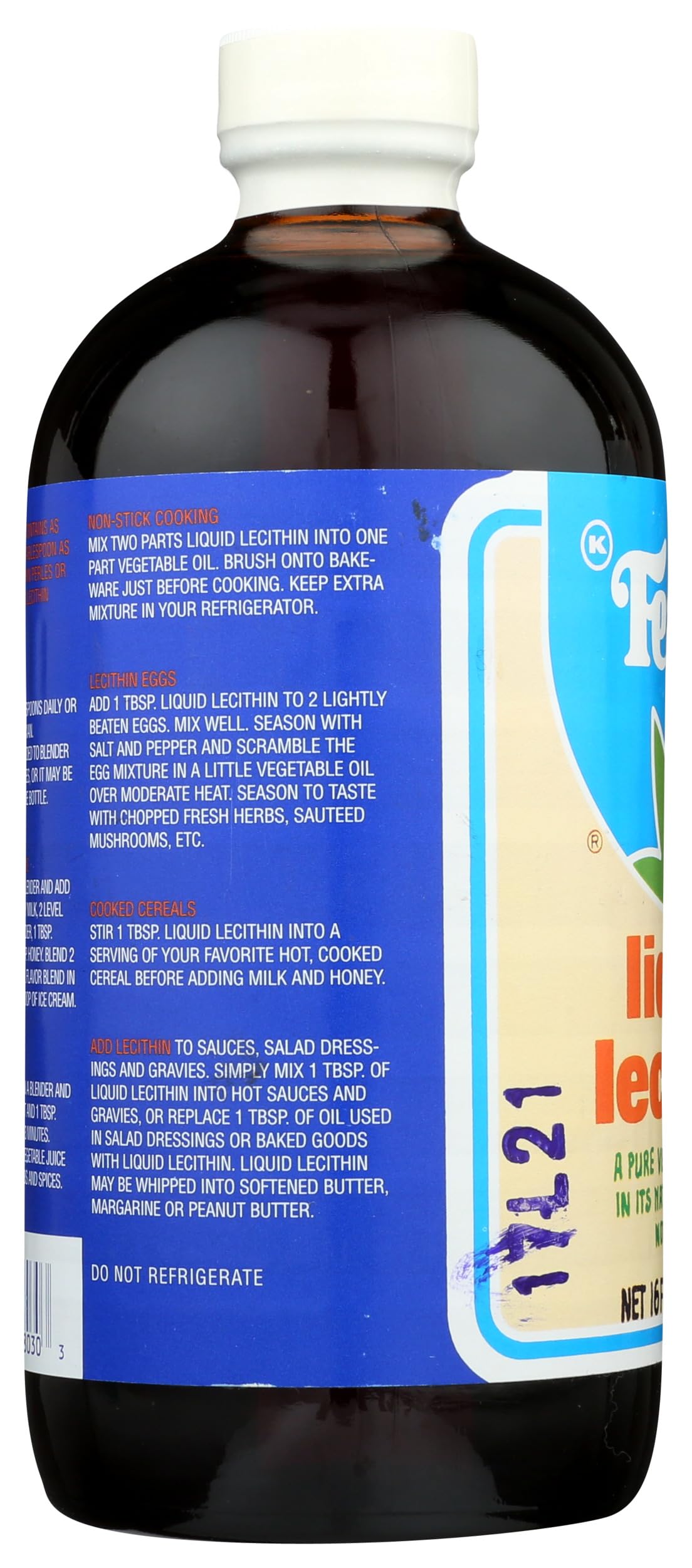 Fearn Liquid Lecithin closeup on kitchen counter highlights convenient 16-ounce size.