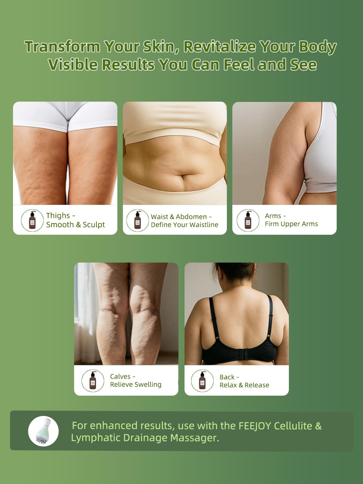 FEEJOY Body Oil targets cellulite on thighs for smoother appearance.