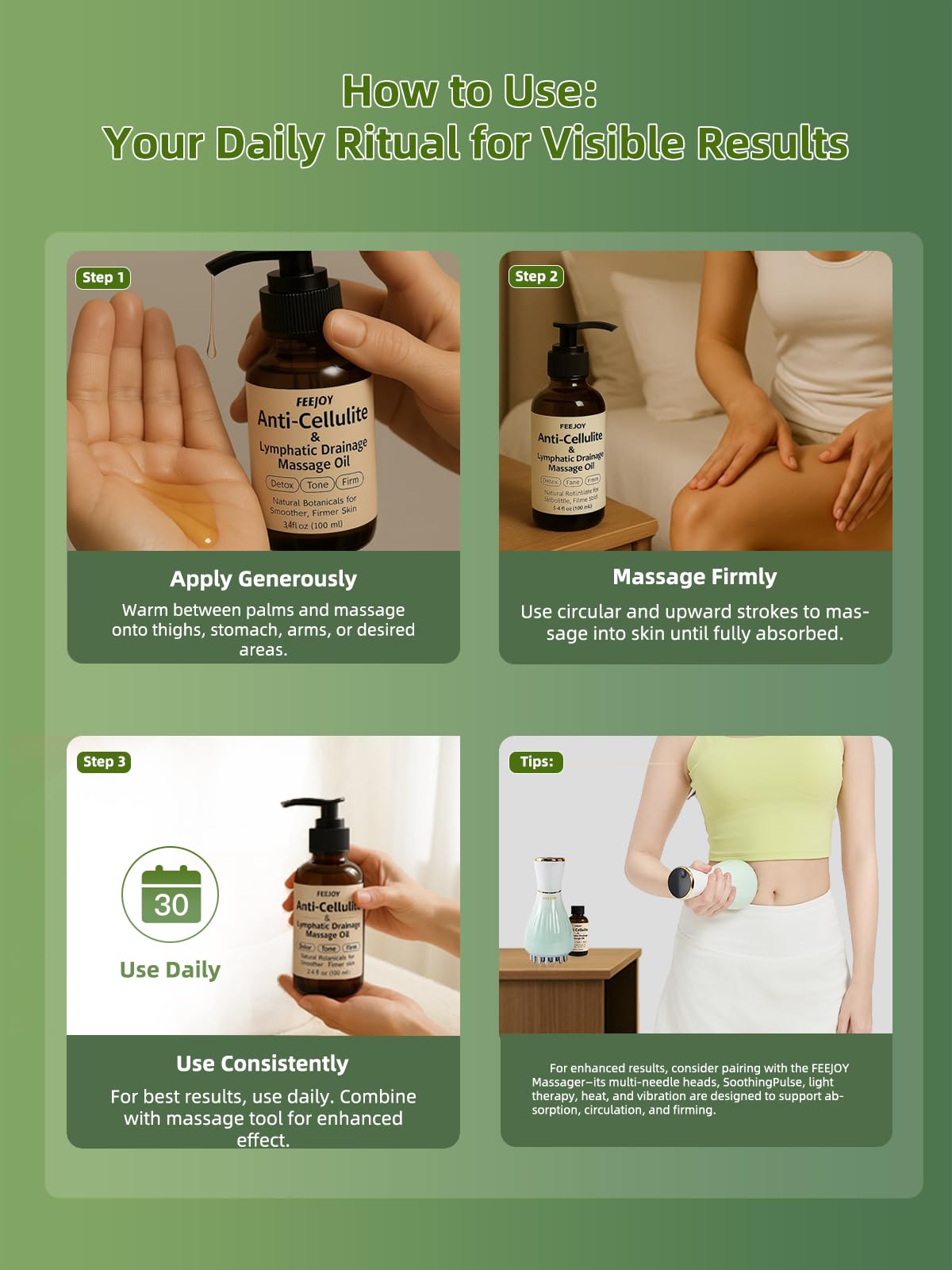 FEEJOY Body Oil with natural botanicals on bottle highlights ingredients.